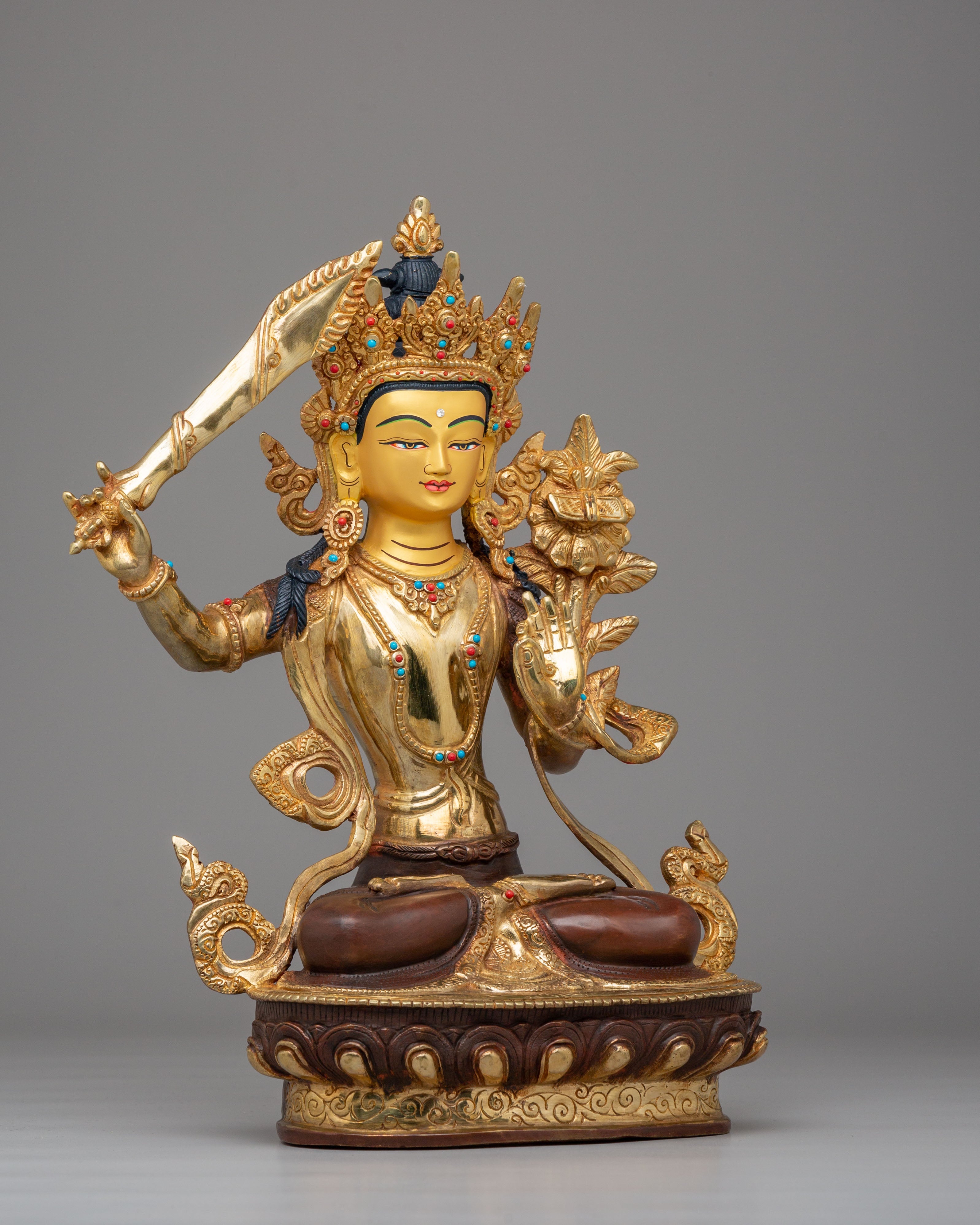 Spiritual Manjushri Altar Statue | 24K Gold Plated Tibetan Buddhist Deity