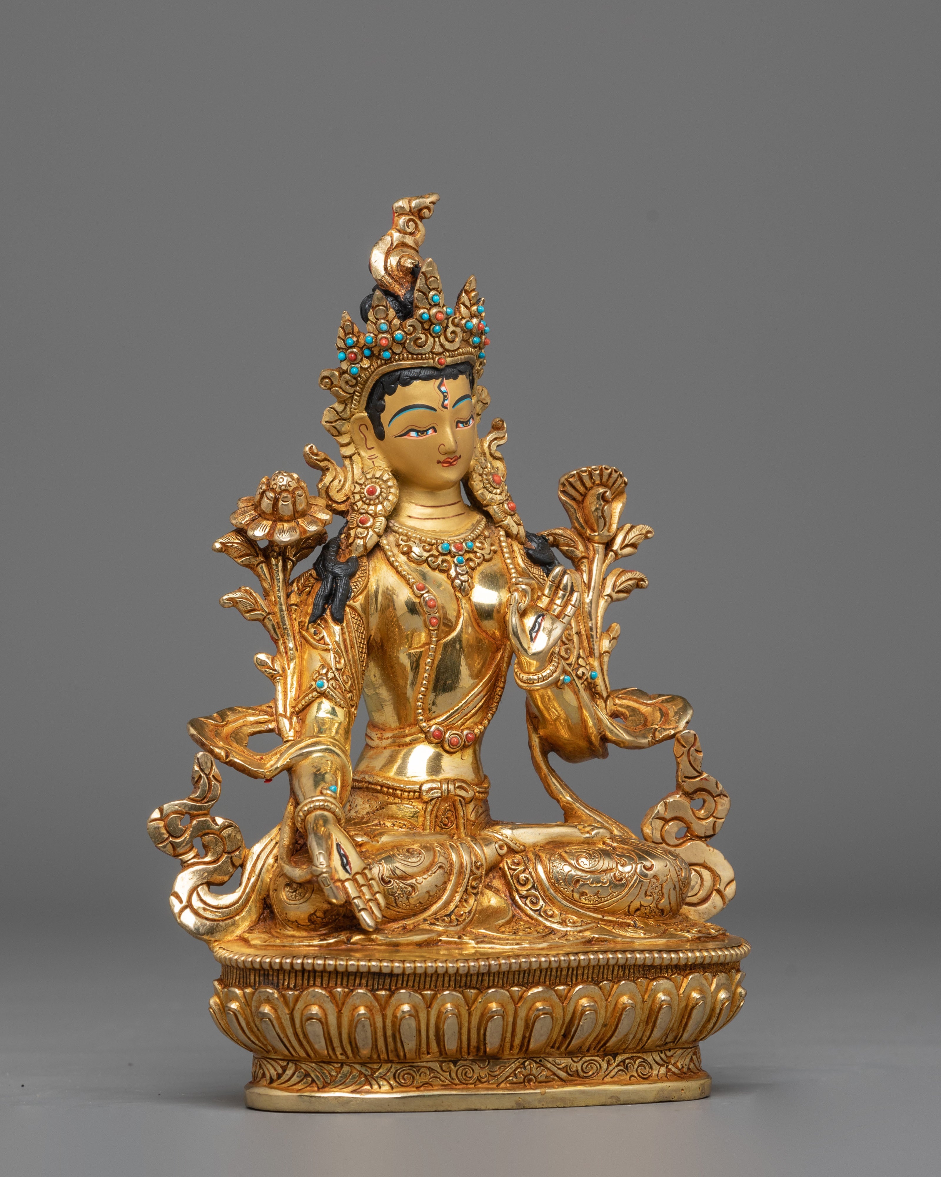 Statue of Sita Tara | Gold Plated Copper Sculpture with Coral and Turquoise