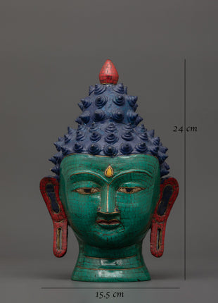 Large Brass Buddha Head Statue | Turquoise & Coral Inlay