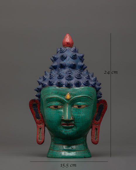 Large Brass Buddha Head Statue | Turquoise & Coral Inlay