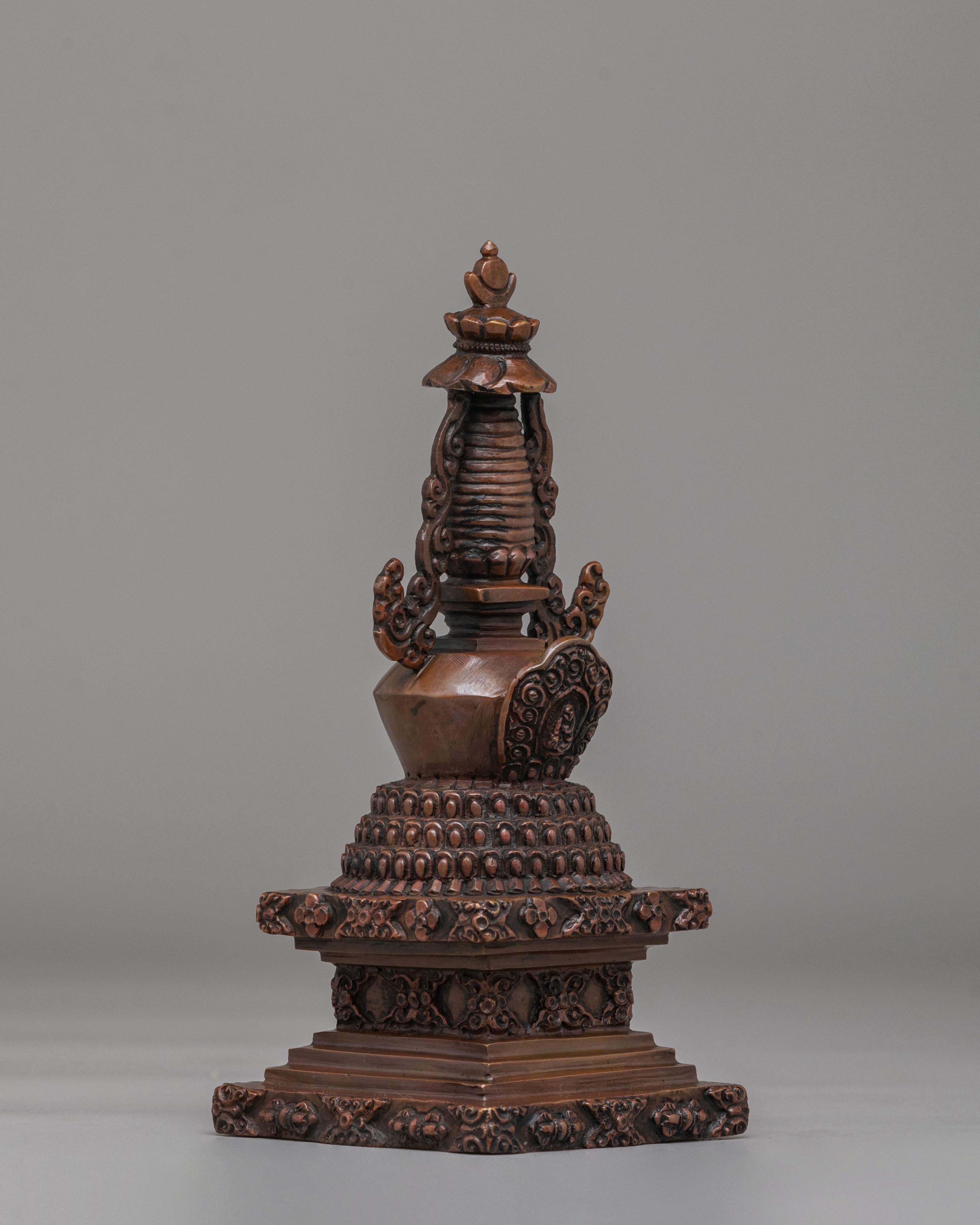 Traditional Lotus Blossom Stupa | Handcrafted Oxidized Copper Sacred Decor