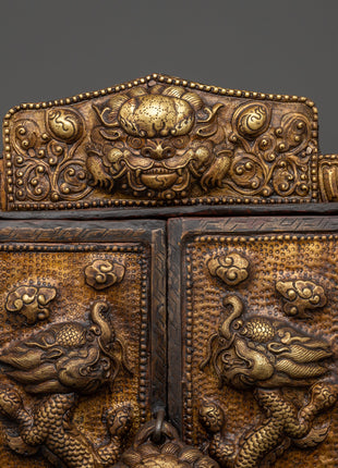 Large Tibetan Ghau Box | Brass & Iron Buddhist Altar Shrine