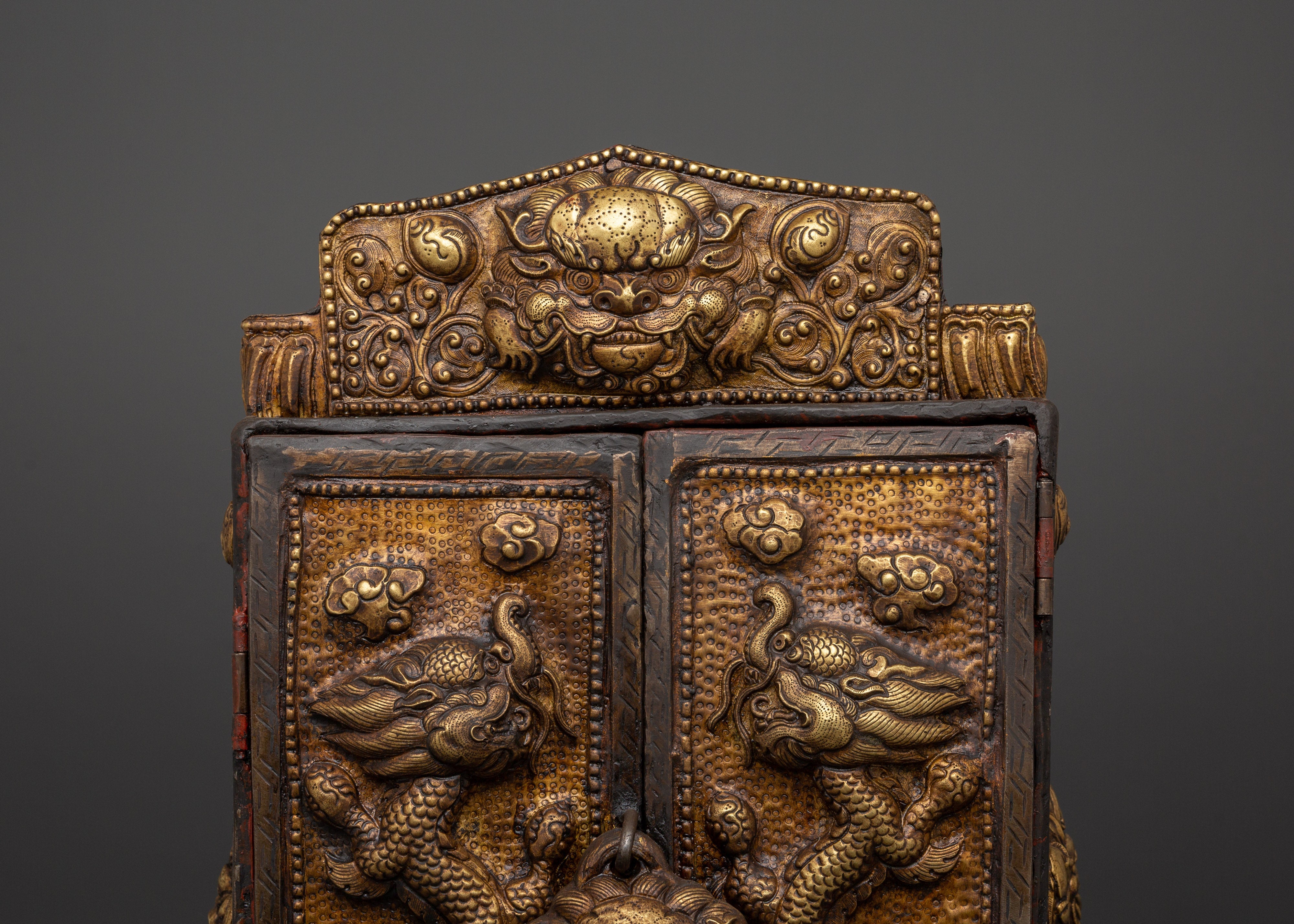 Large Tibetan Ghau Box | Brass & Iron Buddhist Altar Shrine