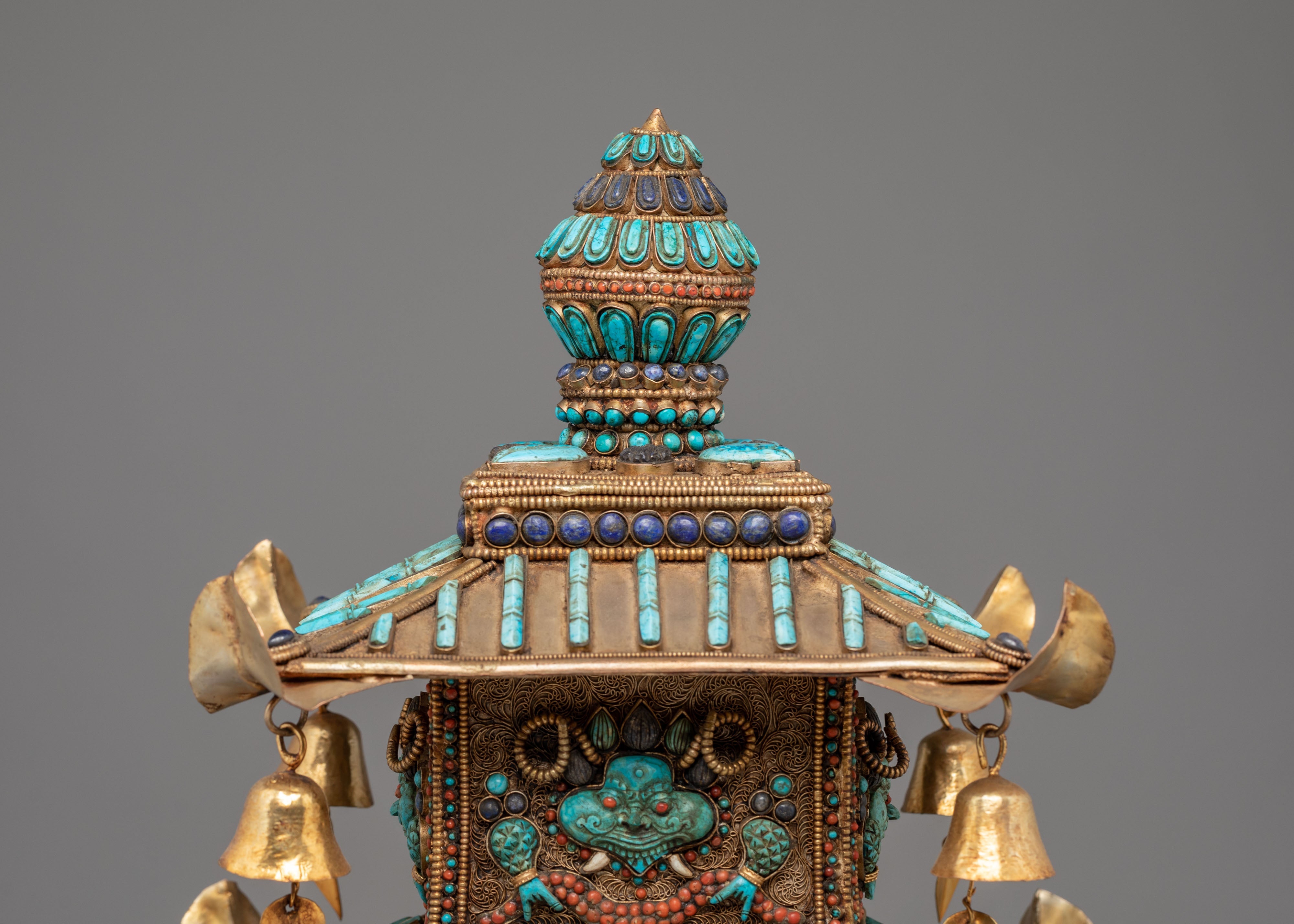 Tibetan Stupa with Deities and Turquoise Inlays | Copper & Semi-Precious Stones
