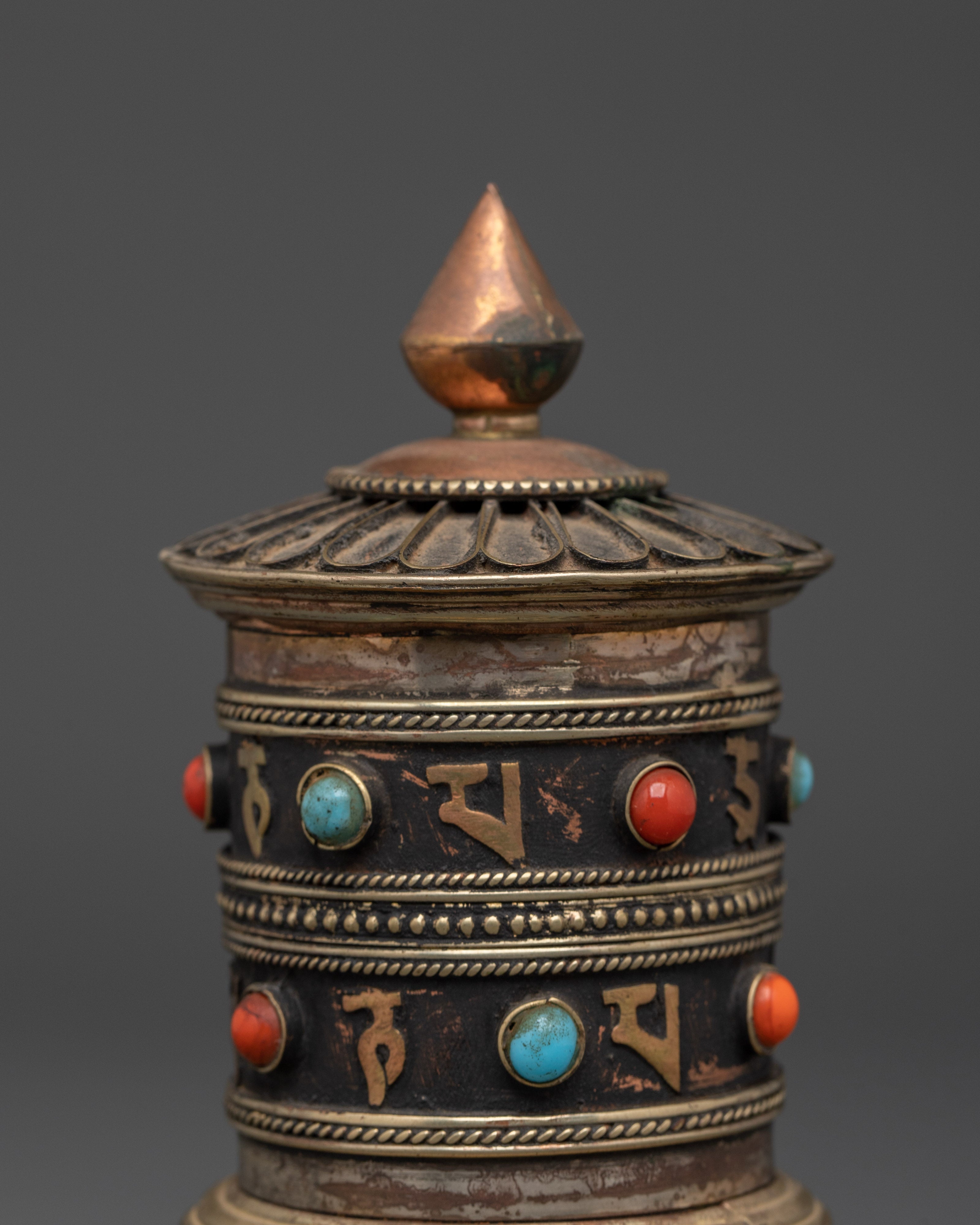 Sacred Prayer Wheel with Gemstones | Brass Turquoise Buddhist Wheel