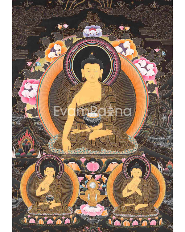 Original Hand Painted Shakyamuni Buddha Thangka With Dipankar Buddha & Maitreya Buddha |