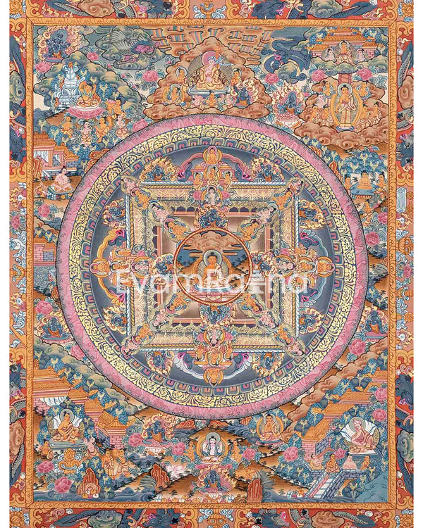 The Sacred Buddha Mandala Embraced by Deities | Handmade Sacred Thangka Painting for Meditation &  Good Luck to house |