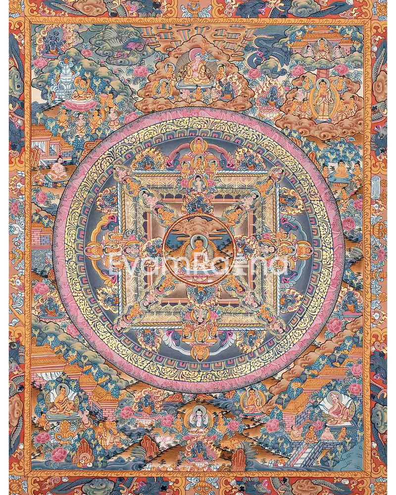 The Sacred Buddha Mandala Embraced by Deities | Handmade Sacred Thangka Painting for Meditation &  Good Luck to house |