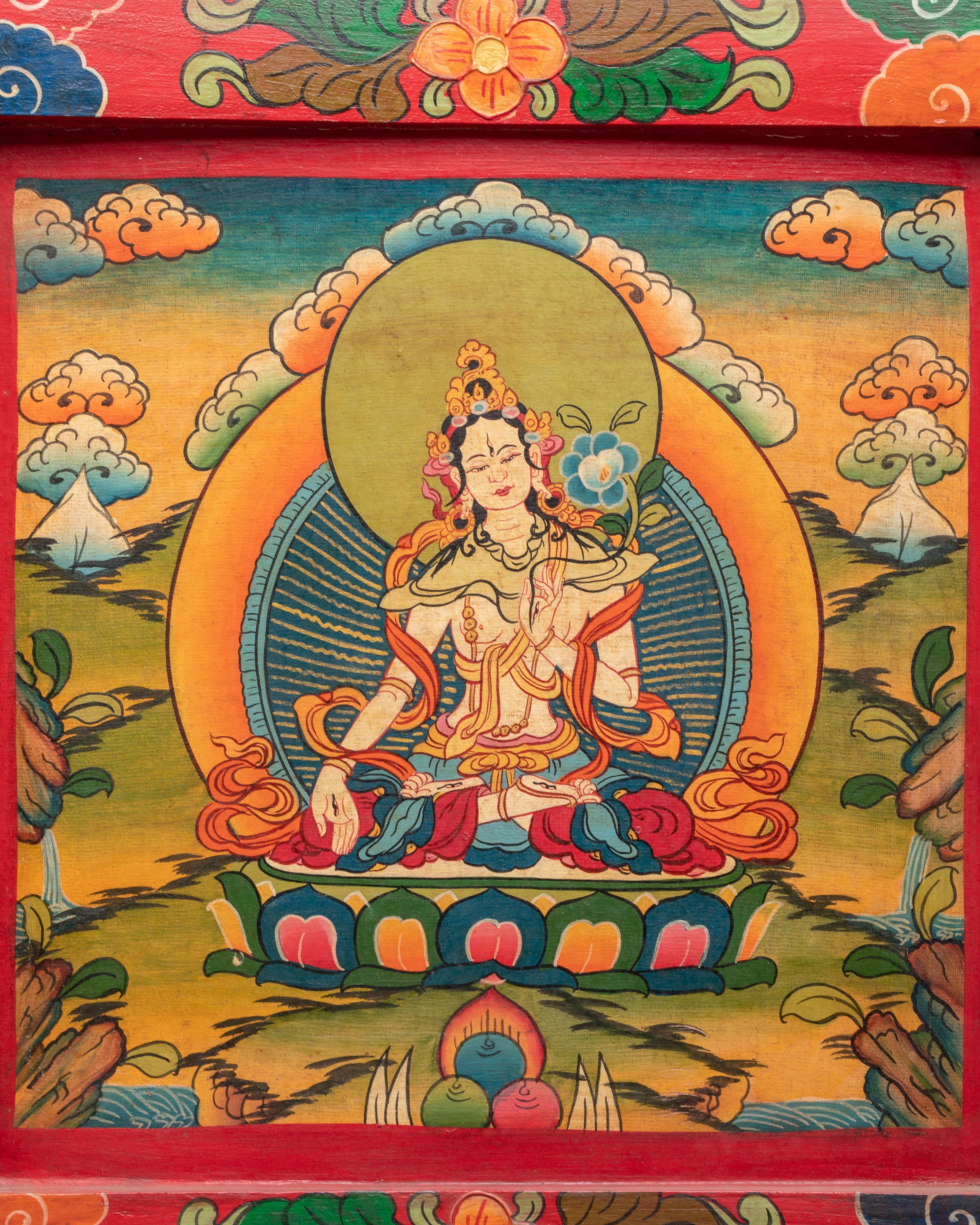 Handcrafted White Tara Wall Art | Tibetan Spiritual Goddess Painting on Wood
