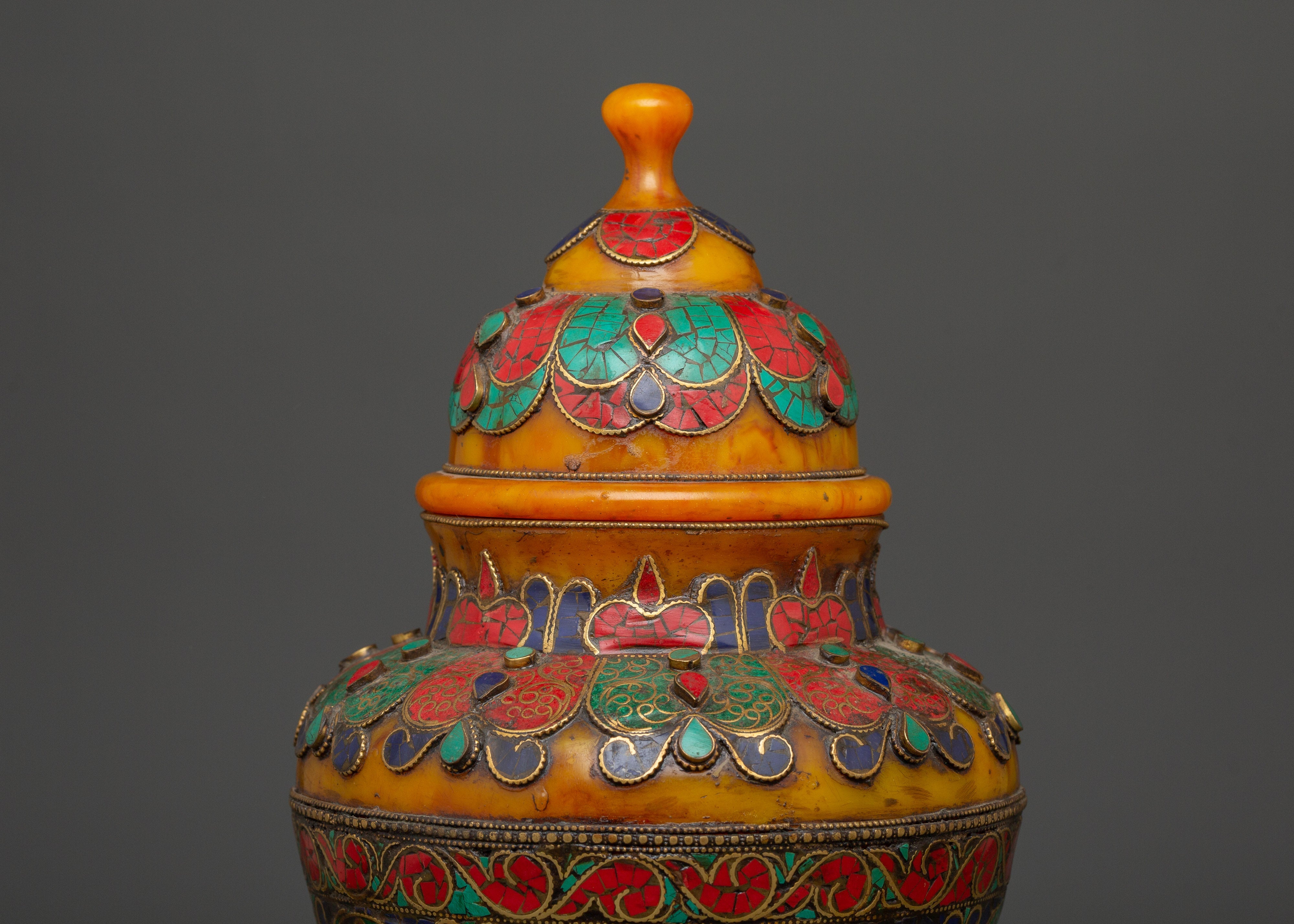 Traditional Himalayan Rice Pot | Handcrafted Brass & Amber Vessel with Turquoise Stone