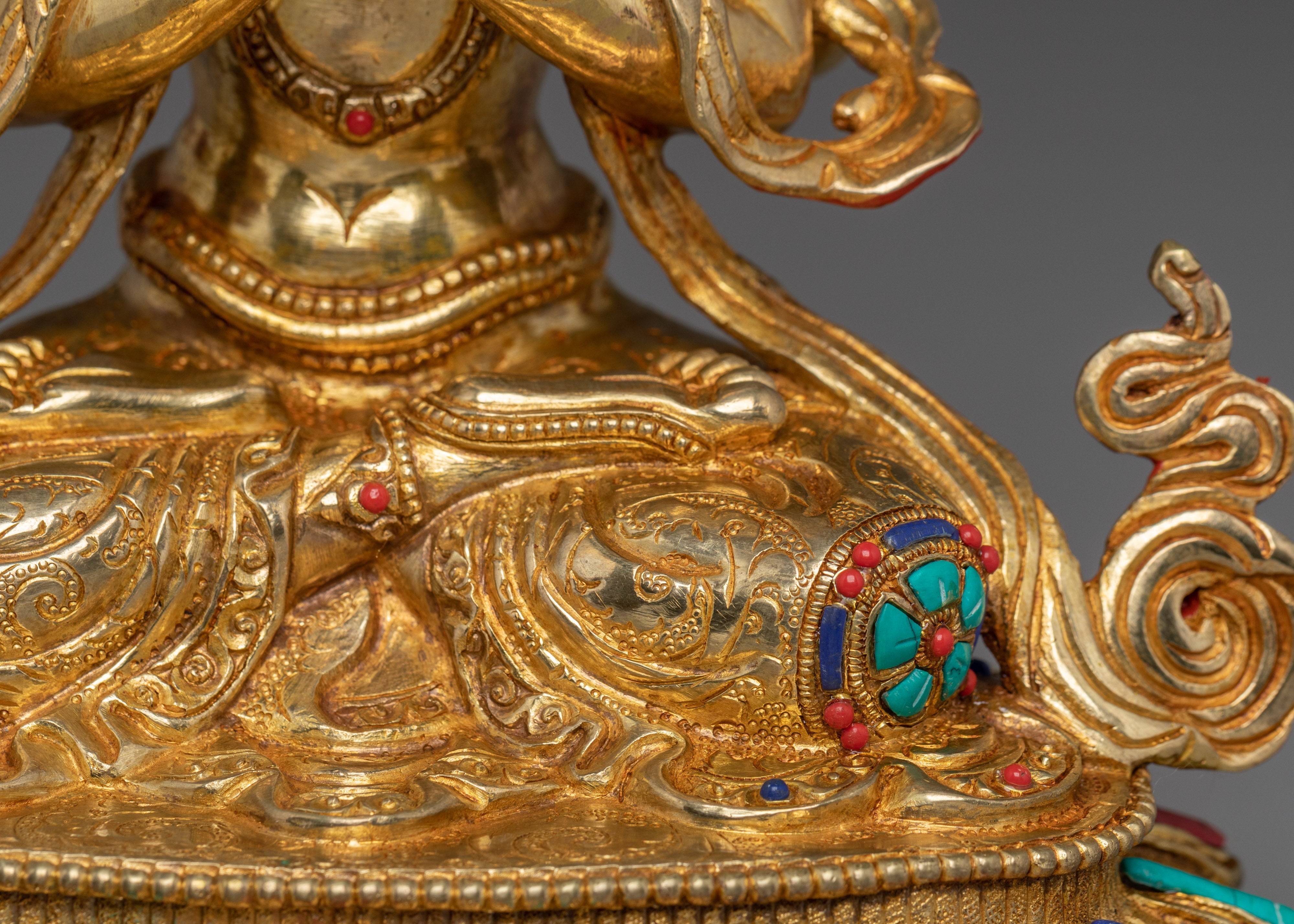 Gold Plated Buddhist Chenrezig Sculpture | Copper Sculpture with Coral & Turquoise