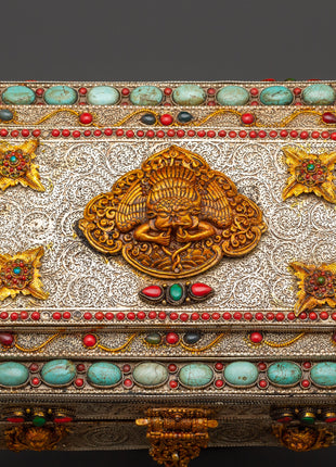 Buddhist Ritual Treasure Box | Silver & Gold Plated Sacred Altar Box
