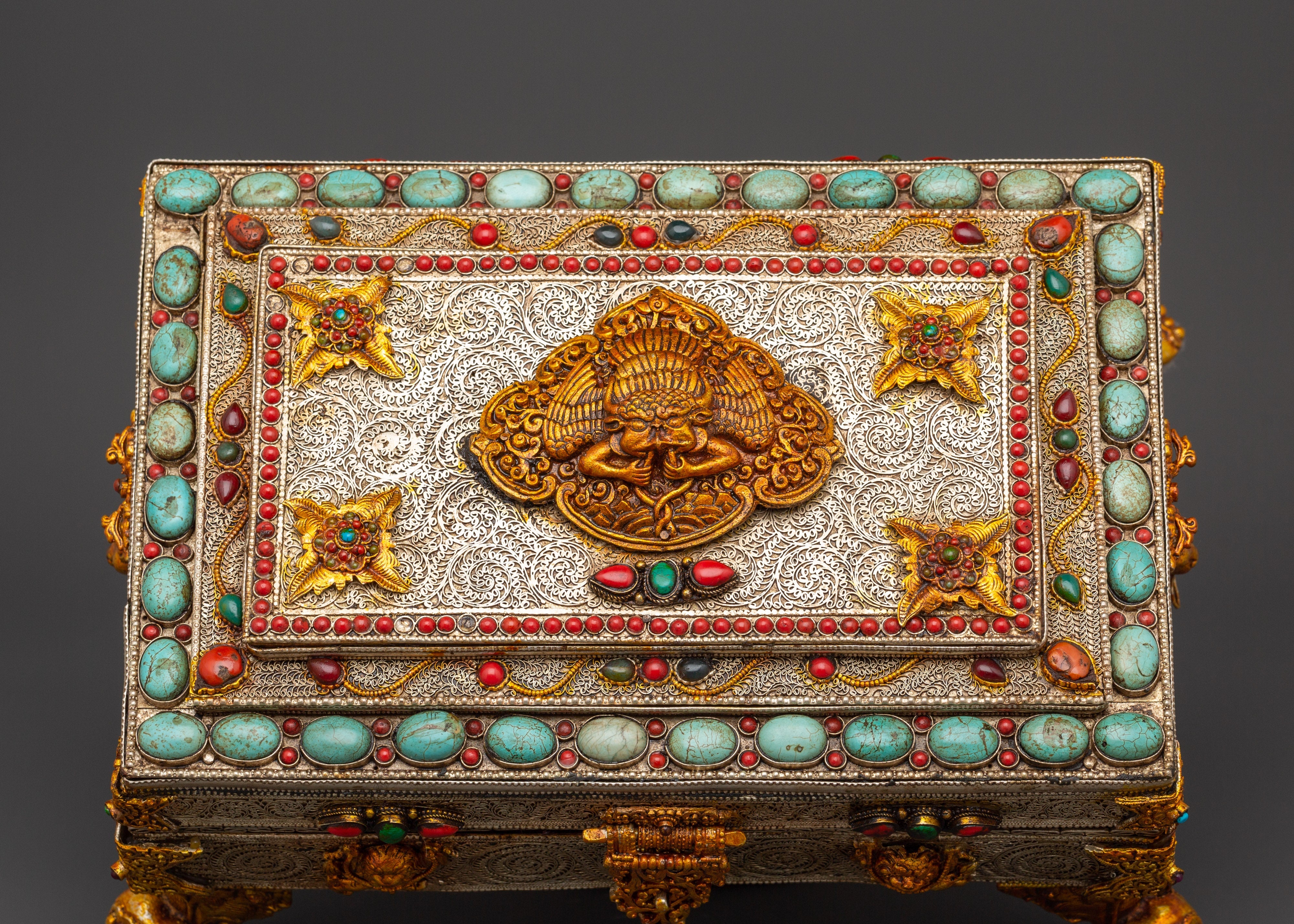 Buddhist Ritual Treasure Box | Silver & Gold Plated Sacred Altar Box