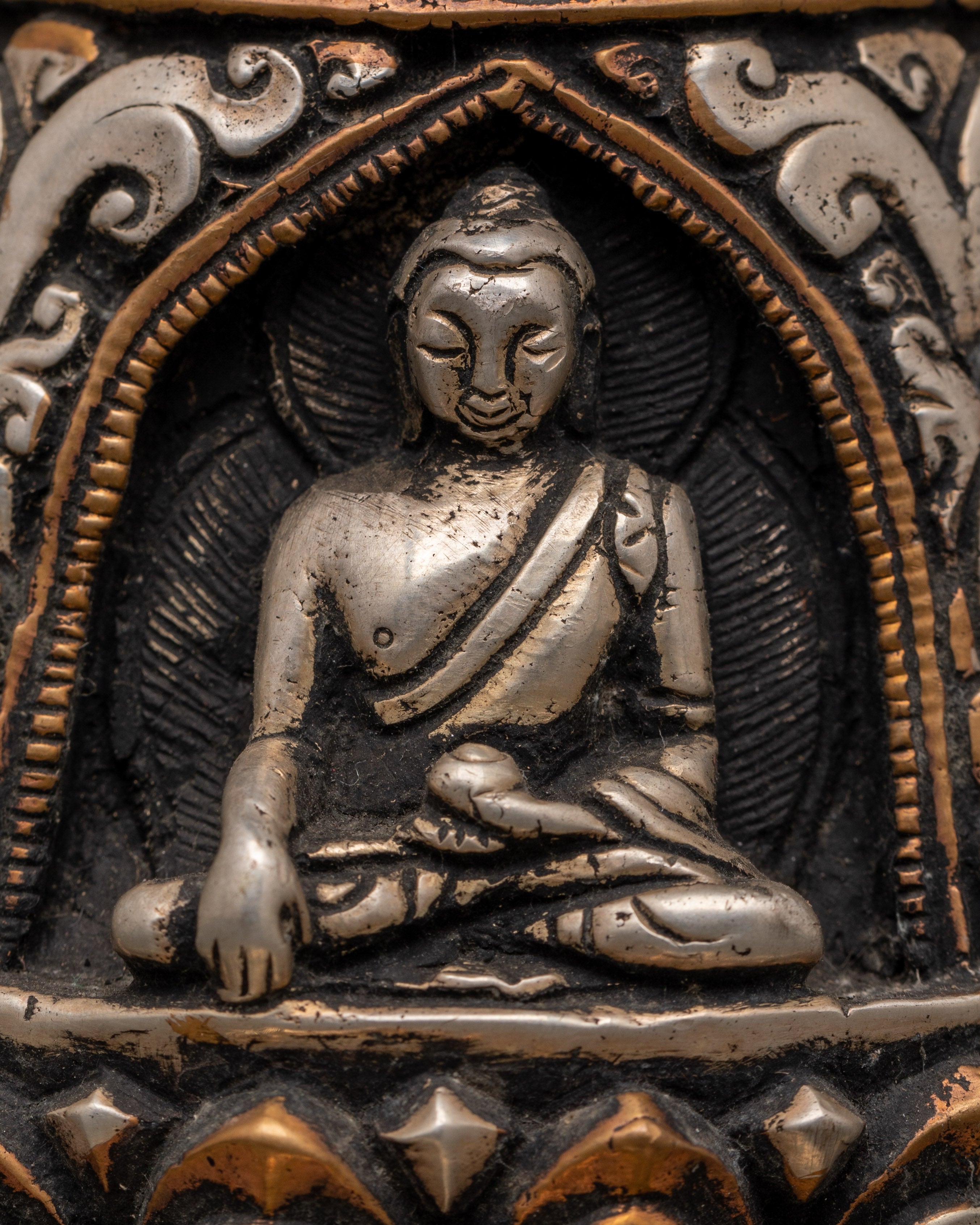 Oxidized Copper Stupa with Silver Plating 4 Buddha Engraved | Spiritual Home Decor