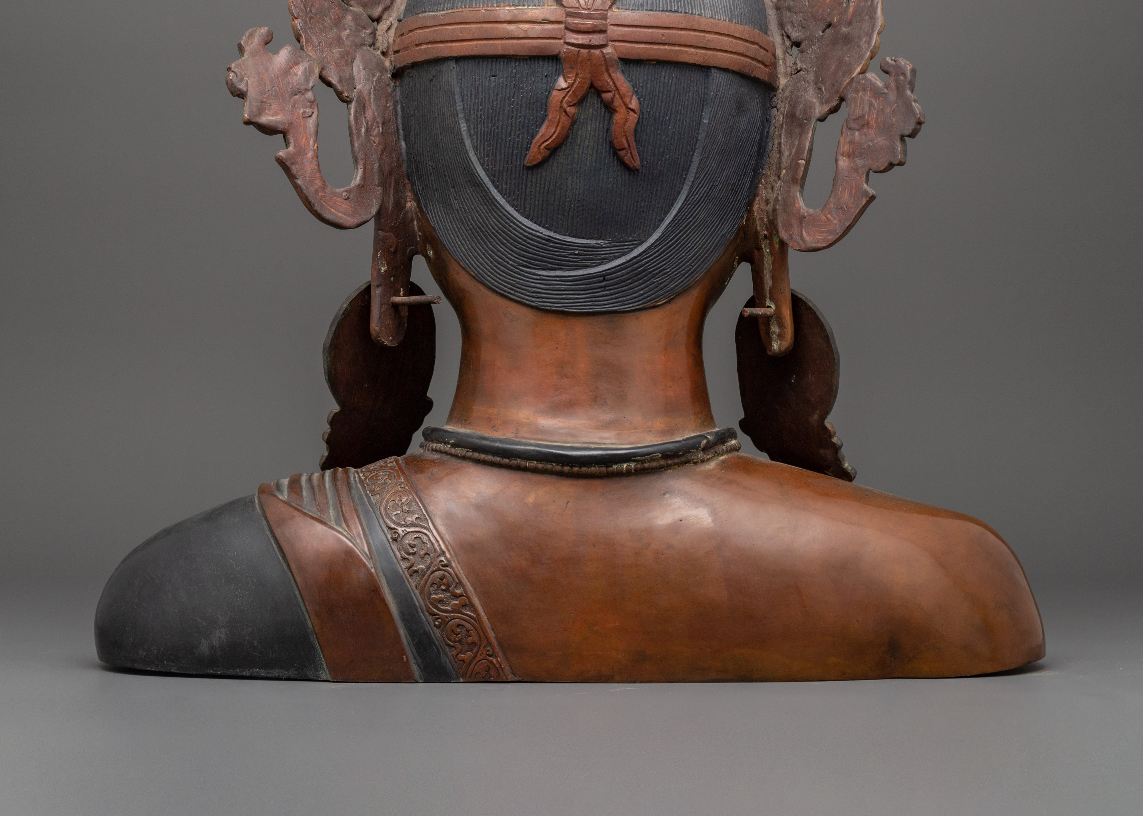 Crowned Buddha Head Sculpture | Oxidized Copper Bust with Coral Inlay