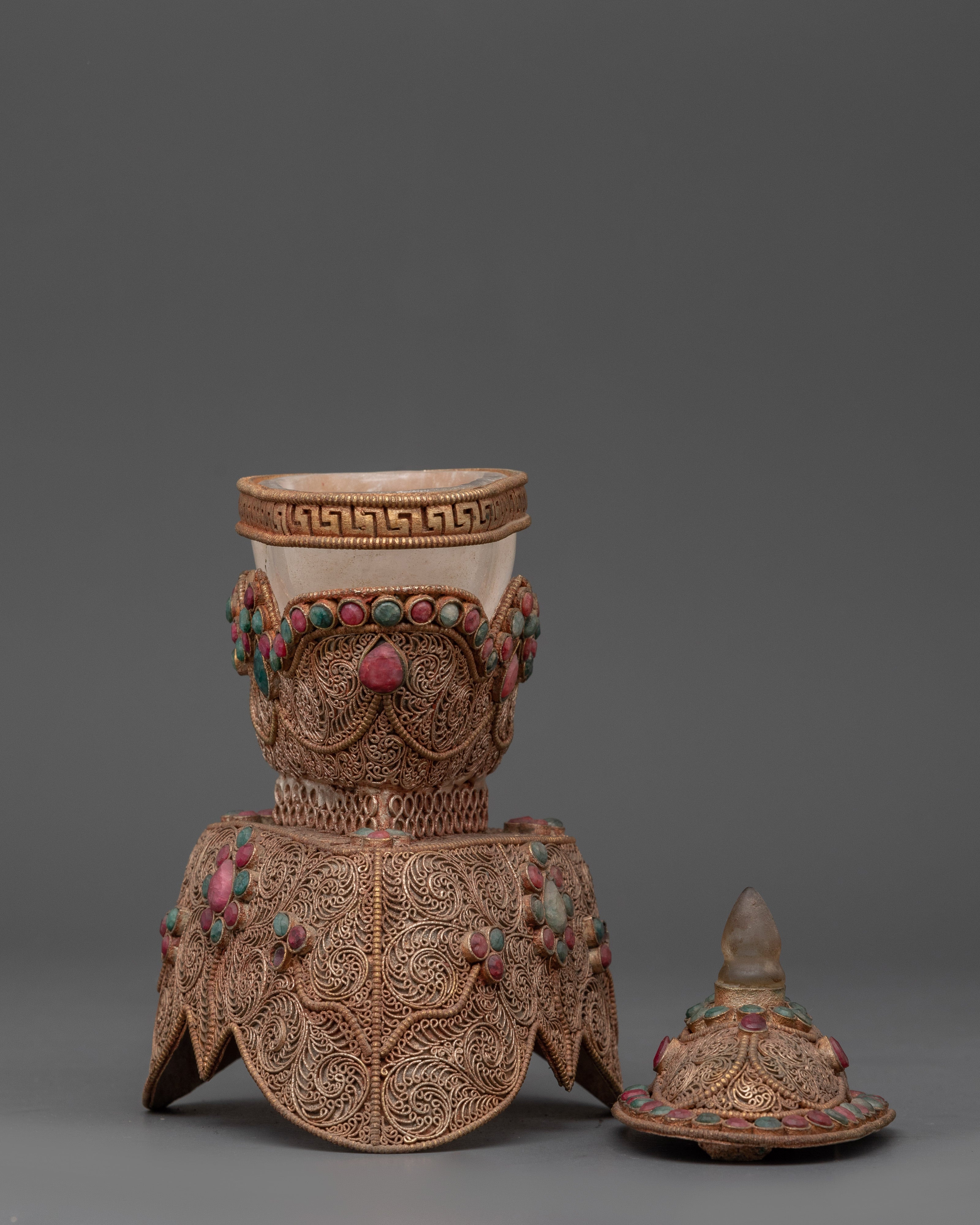Buddhist Kapala Ritual Tool | Tantric Skull Cup with Coral and Turquoise Decorations