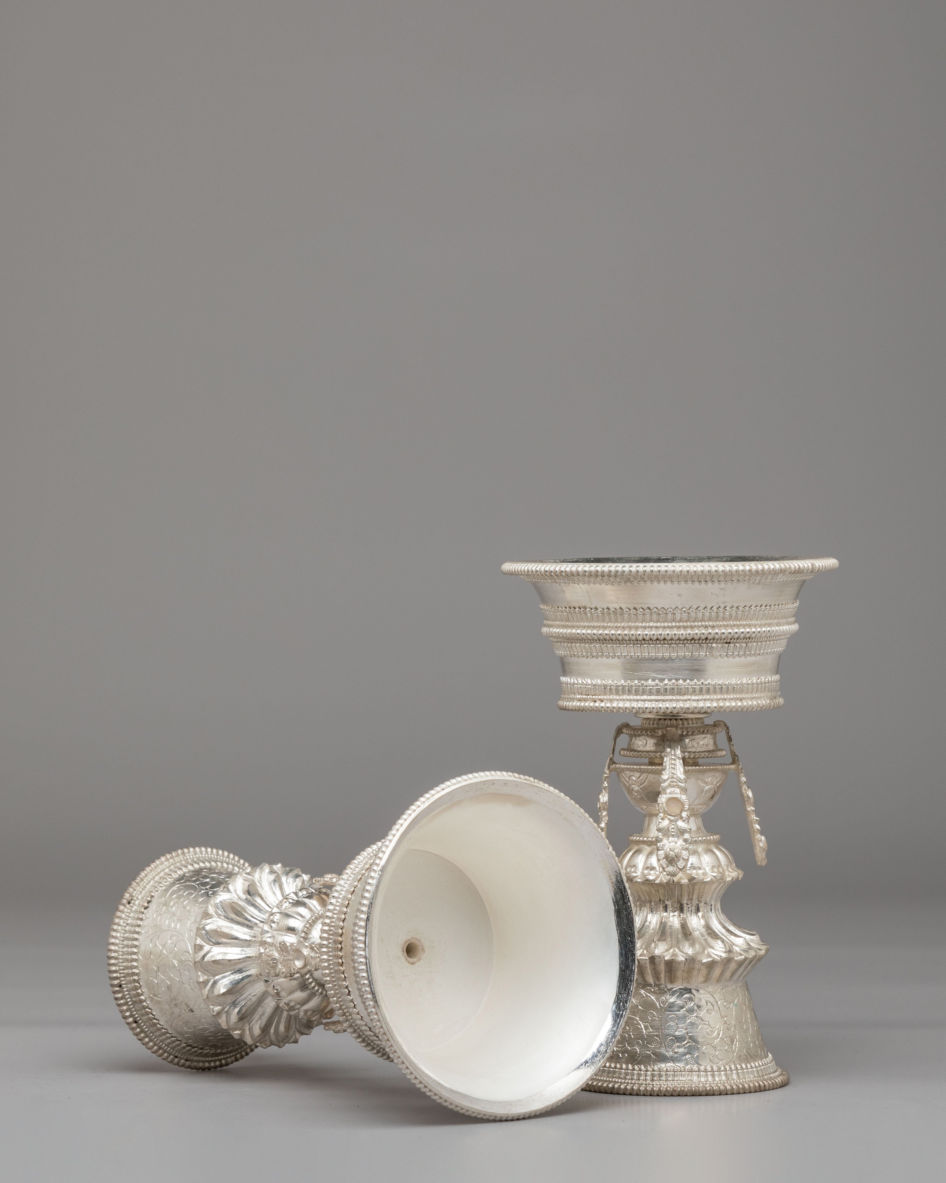 Himalayan Altar Butter Lamp Set | Silver Plated Buddhist Lamps