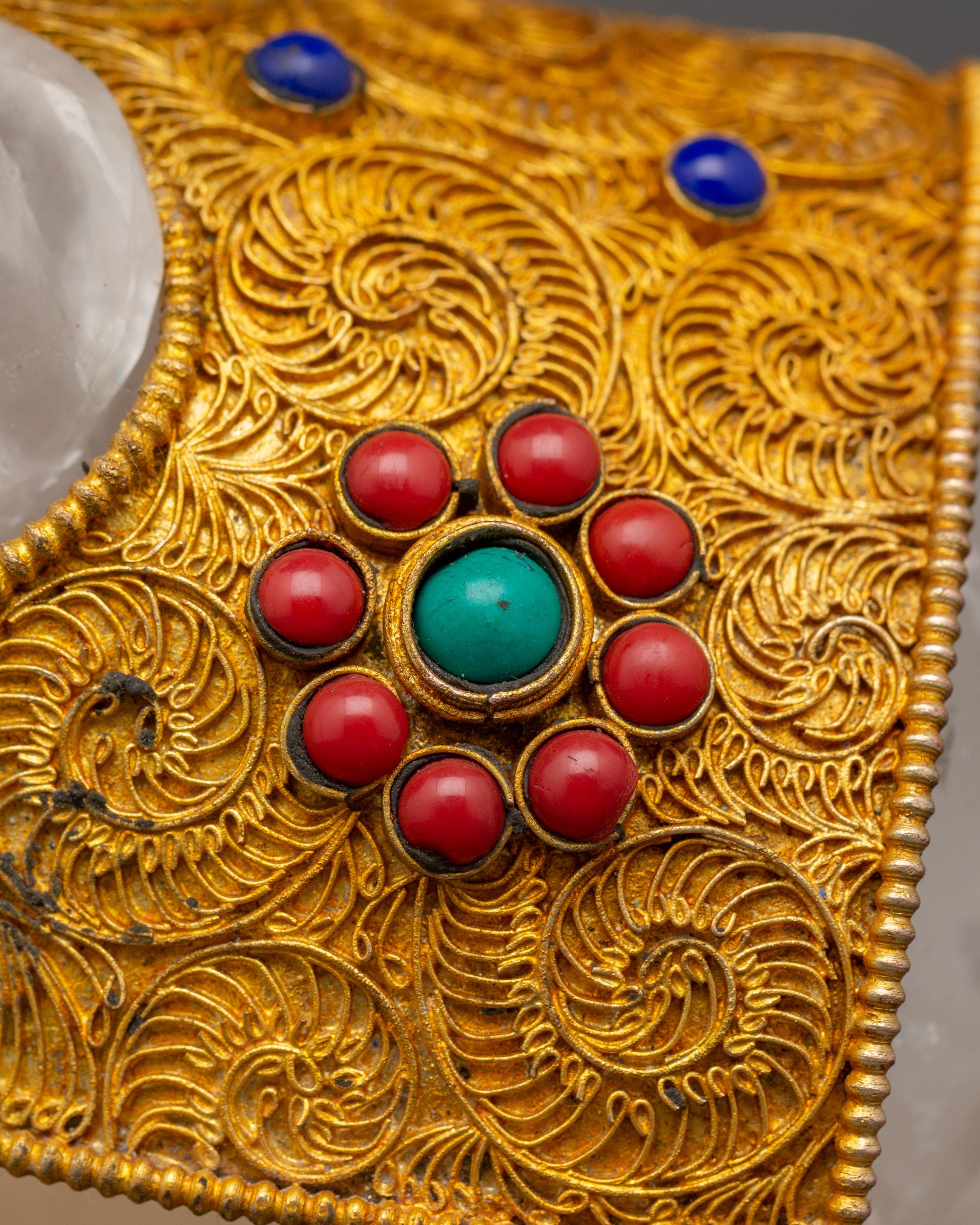Shakyamuni Buddha on Crystal Elephant | Lapis & Coral Inlaid Gold Statue
