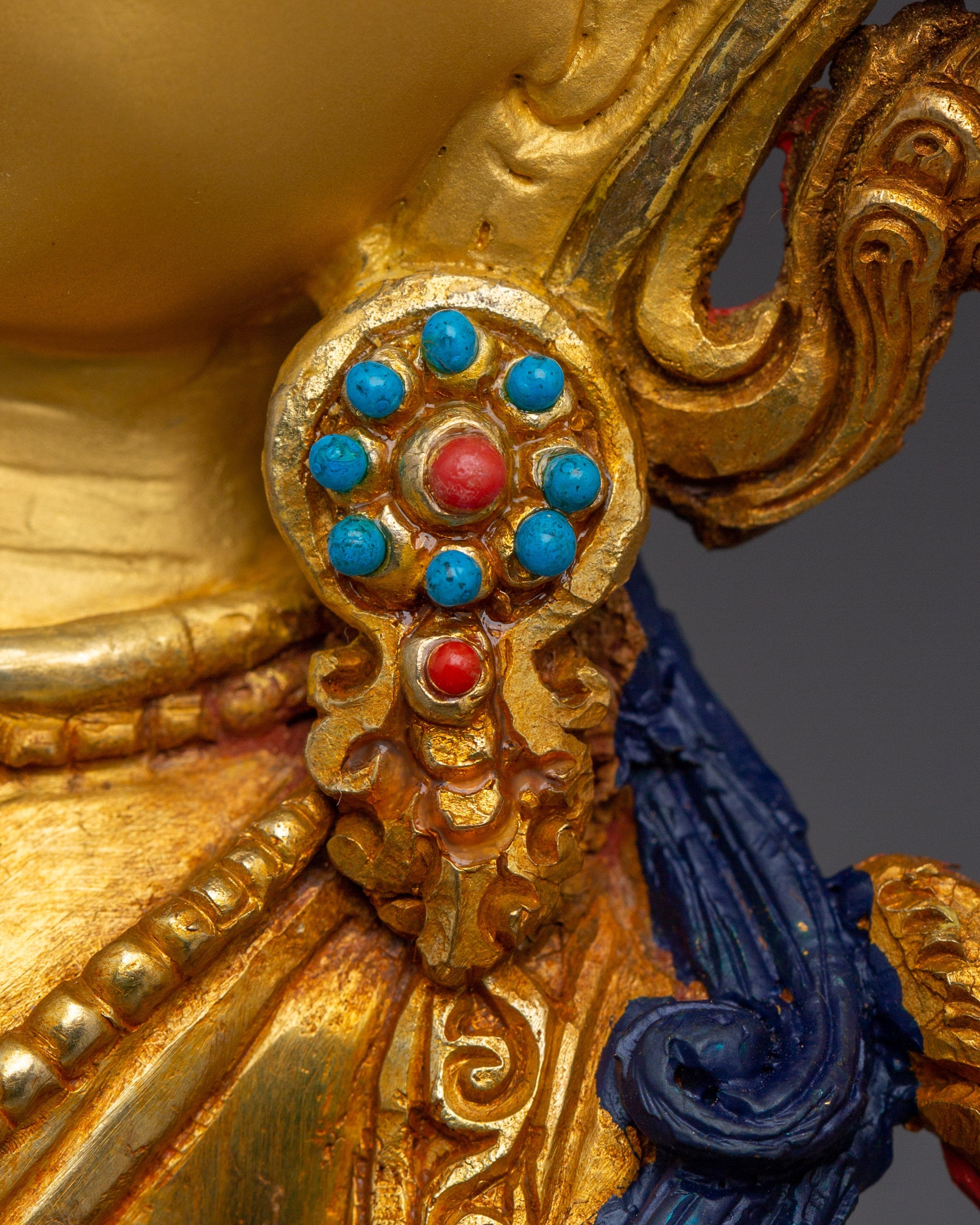Tibetan Gold Gilded Manjushri Statue | Bodhisattva Deity with Gemstones and Copper Body