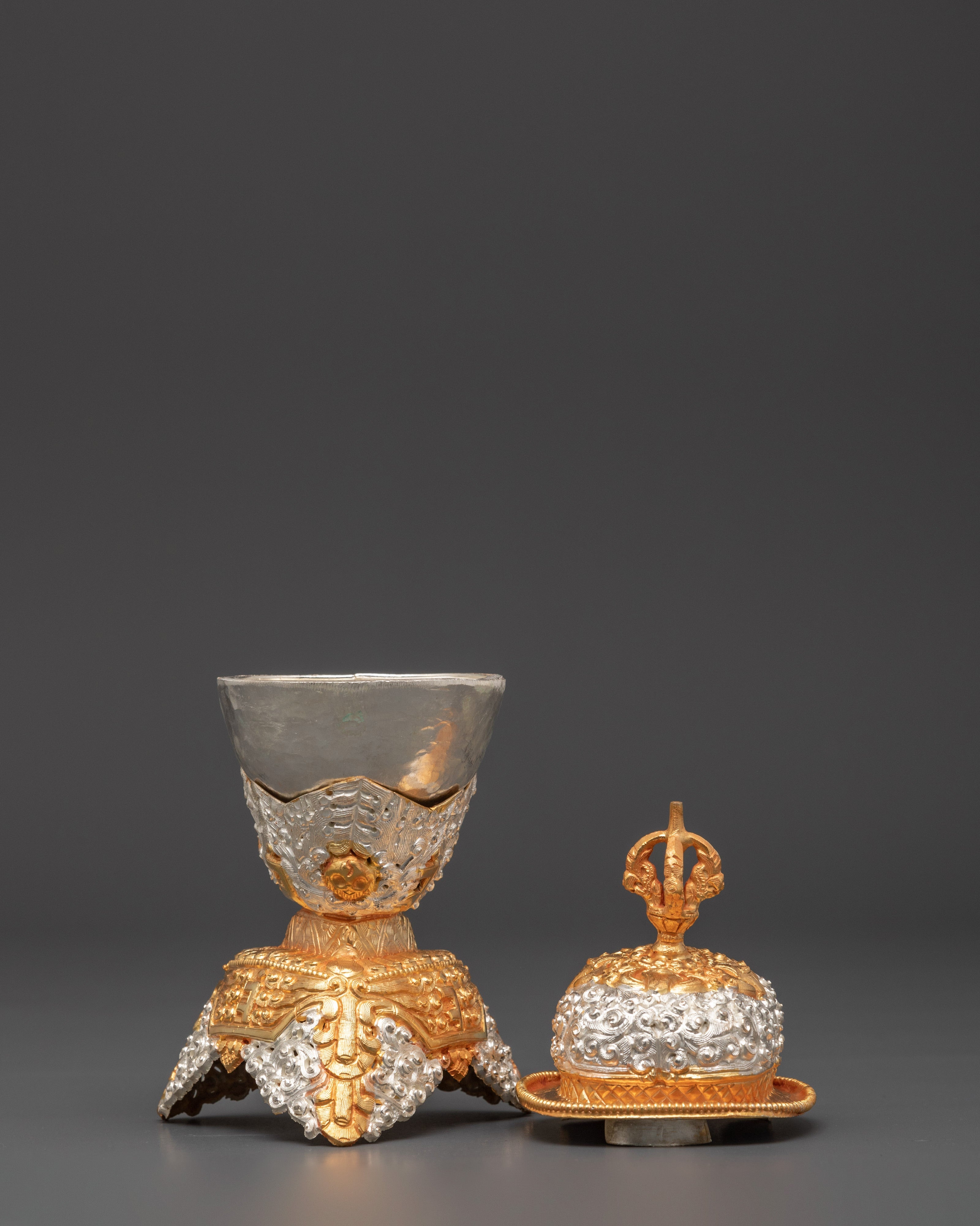 Sacred Buddhist Ceremonial Kapala | Gold, Silver Plated Ritual Skull Cup