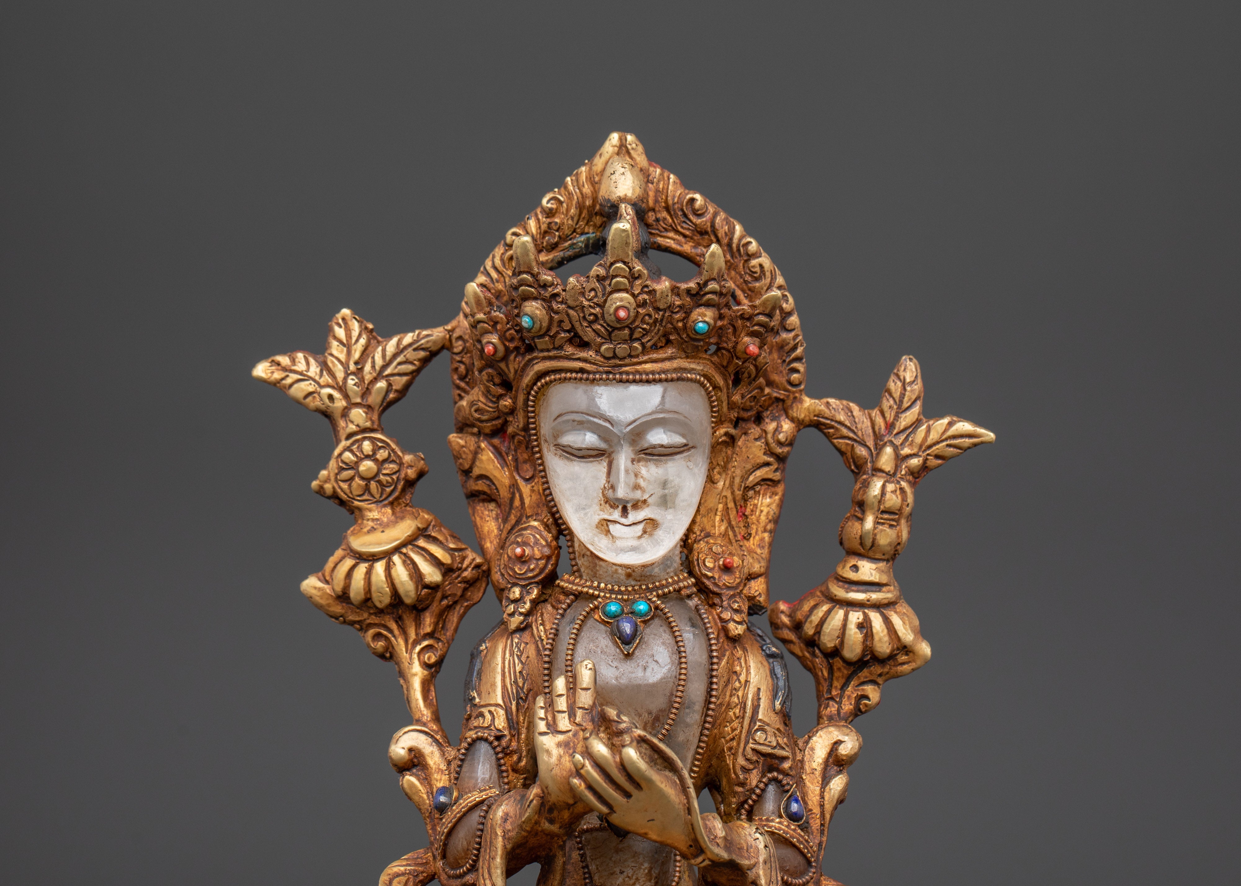 Future Buddha Maitreya Statue | Gold Plated Copper Sculpture with Crystal & Turquoise
