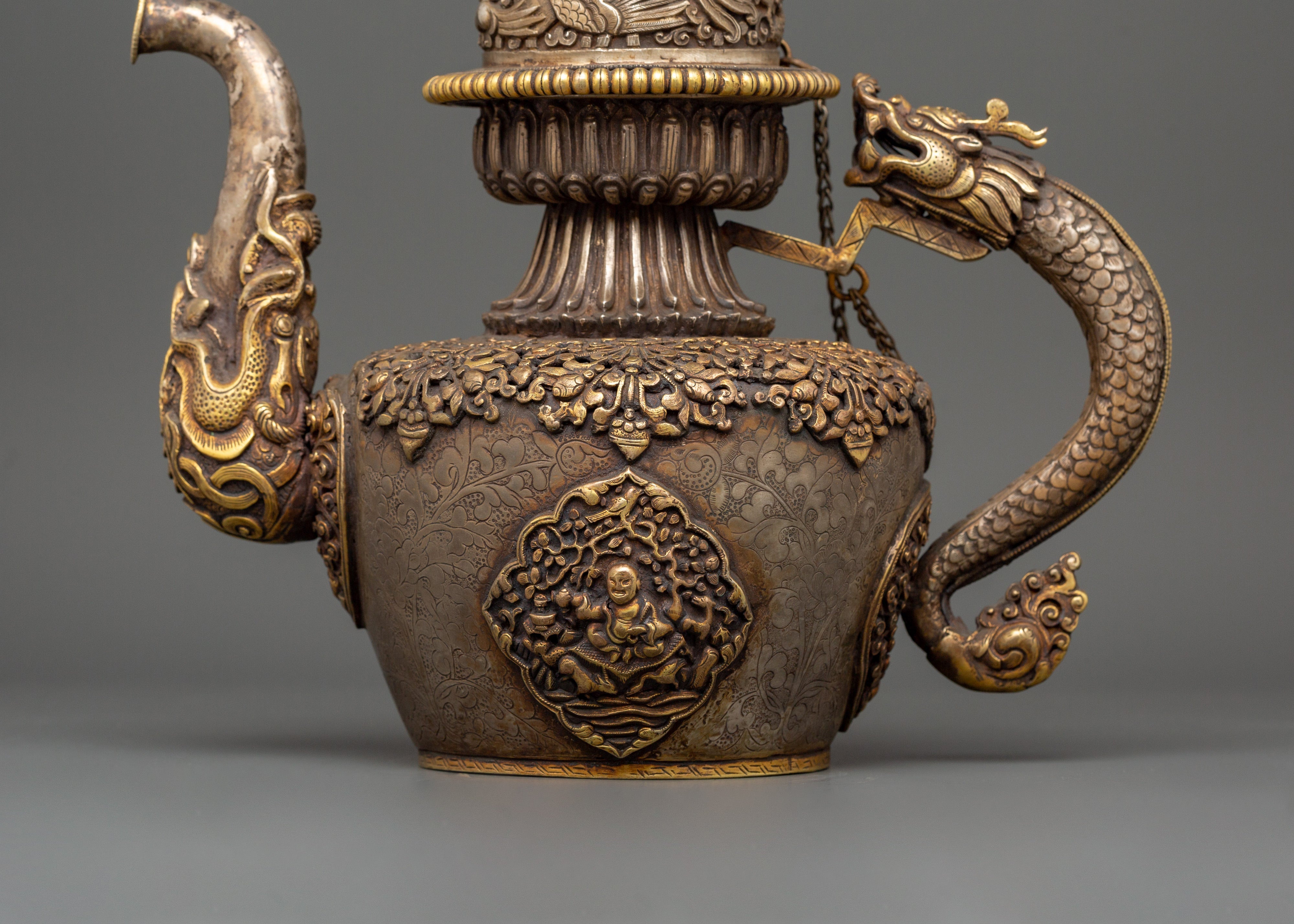 Tea Pot with Dragon Handle | Handcrafted Copper & Pure Silver with Gold Plating