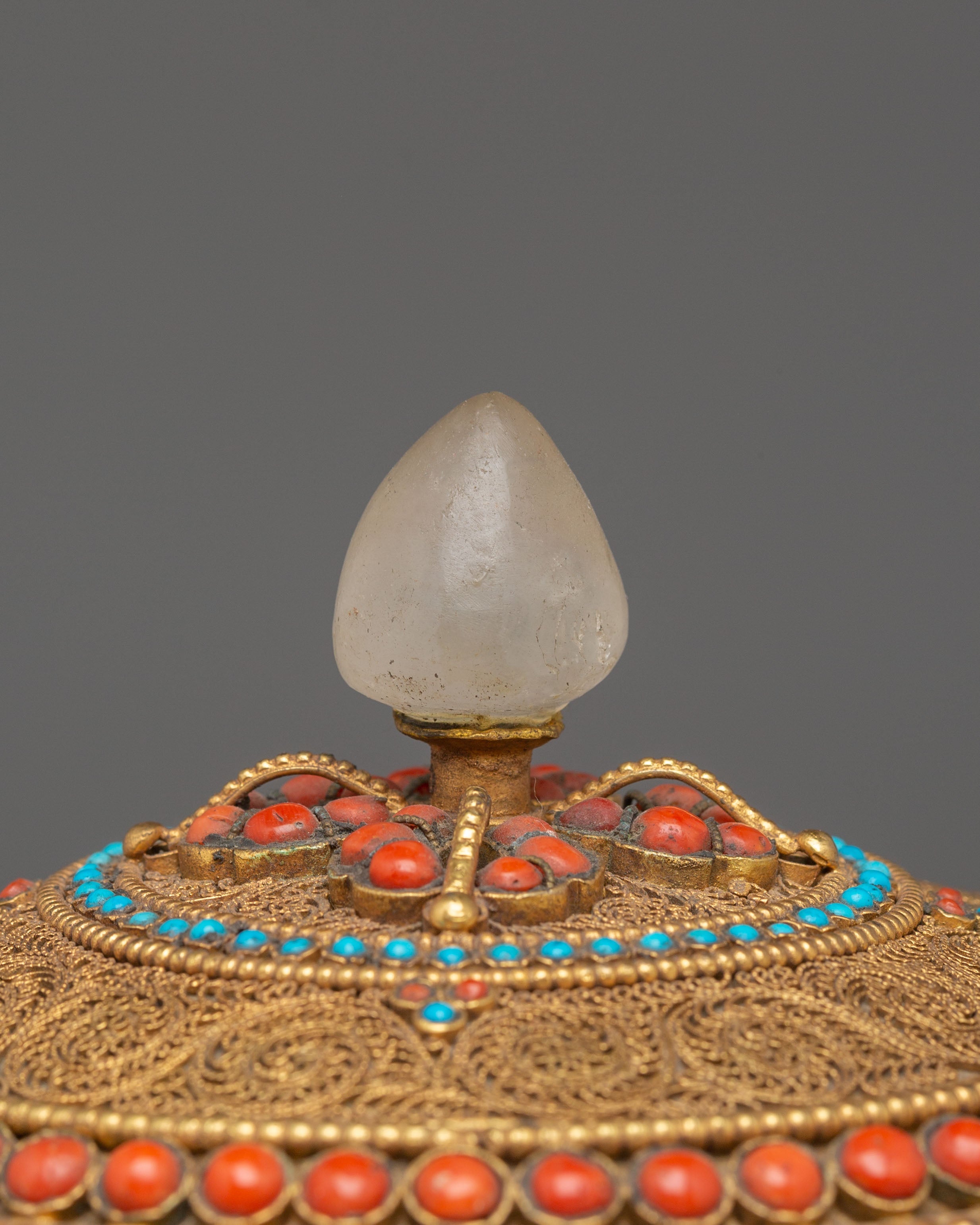 Tibetan Offering Rice Pot | Gold-Plated Copper Pot with Coral & Turquoise