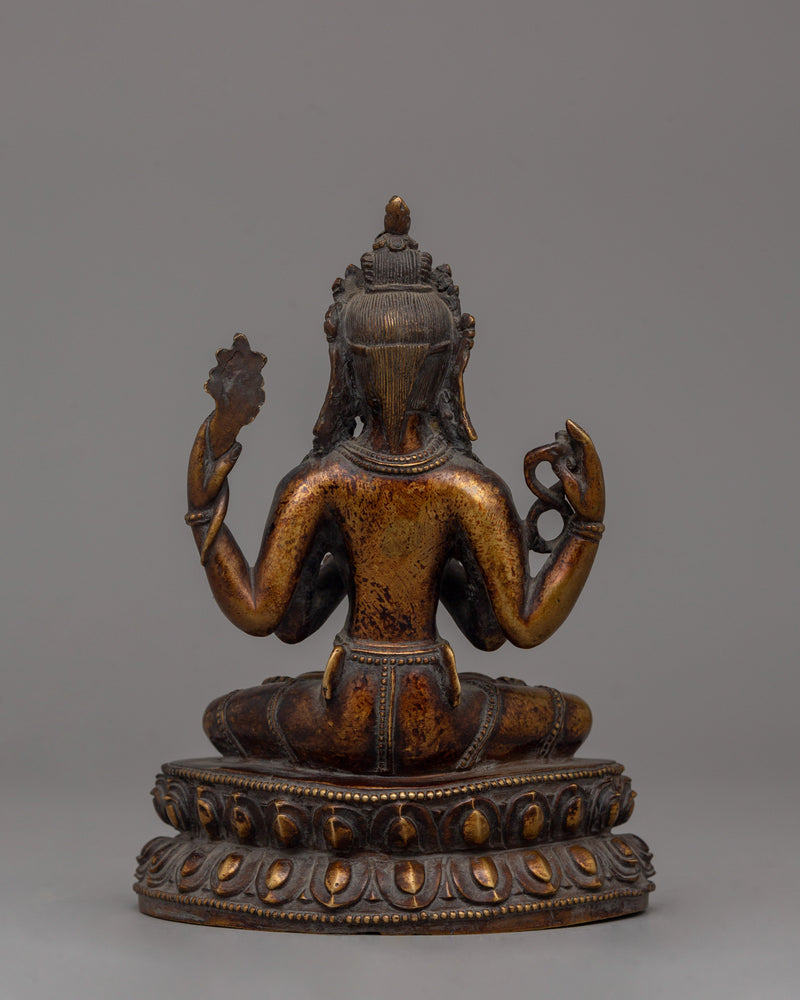 Hand-Carved Chenrezig Bodhisattva Statue | Antique Finish Copper Sculpture | Avalokiteshvara