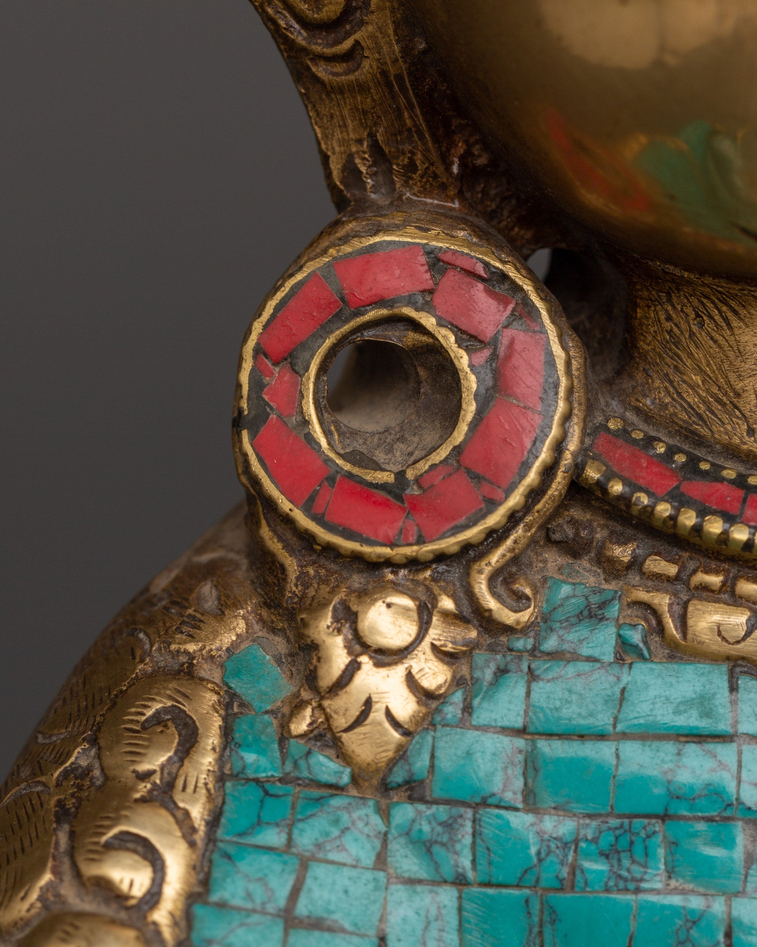 Lokeshwor Bodhisattva Statue | Brass Figurine with Turquoise & Coral Inlay
