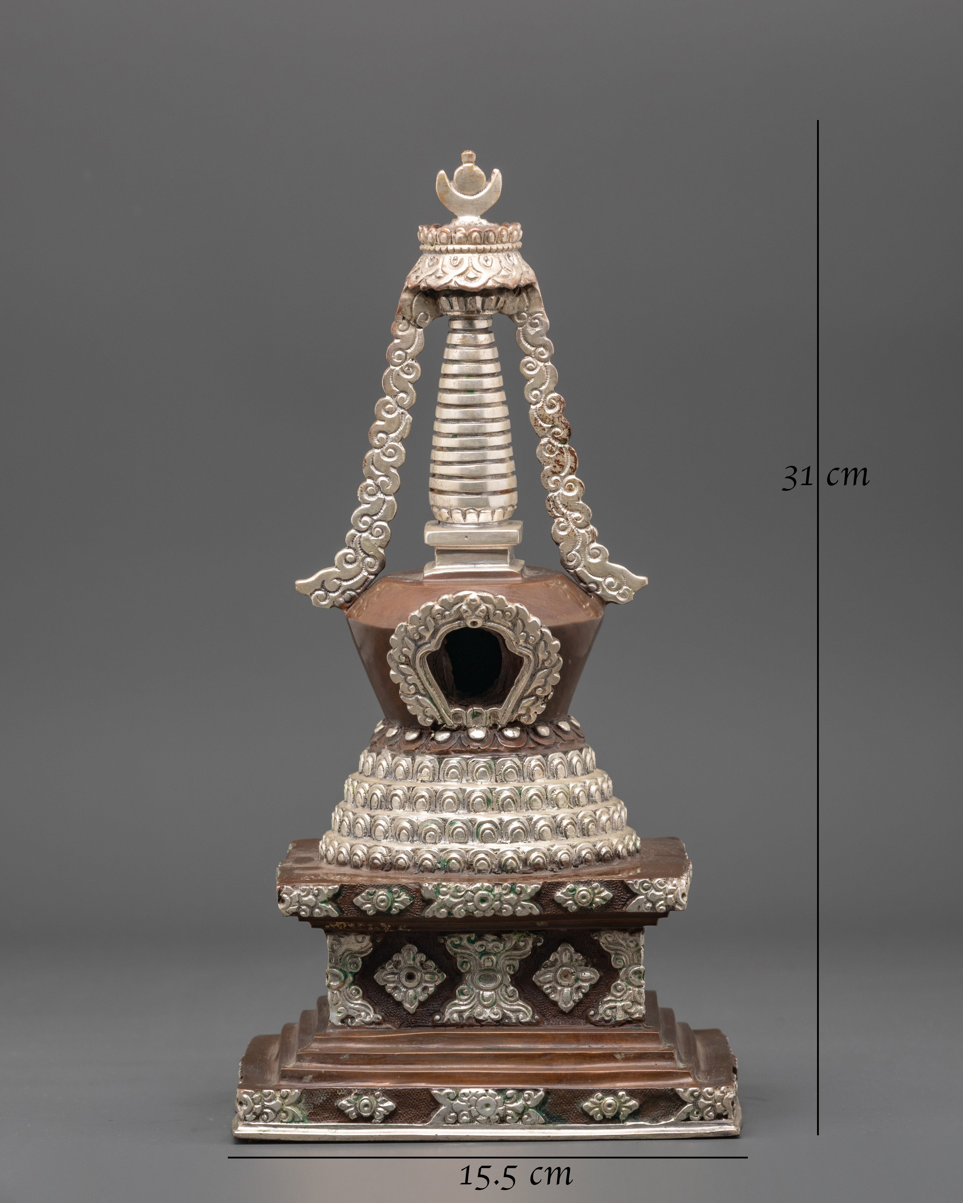 Buddhist Meditation Stupa | Silver Plated Oxidized Copper Altar Decor