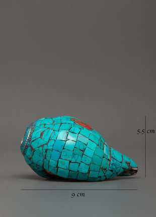 Conch Shell With Turquoise and Coral Stones | Buddhist Ritual Conch