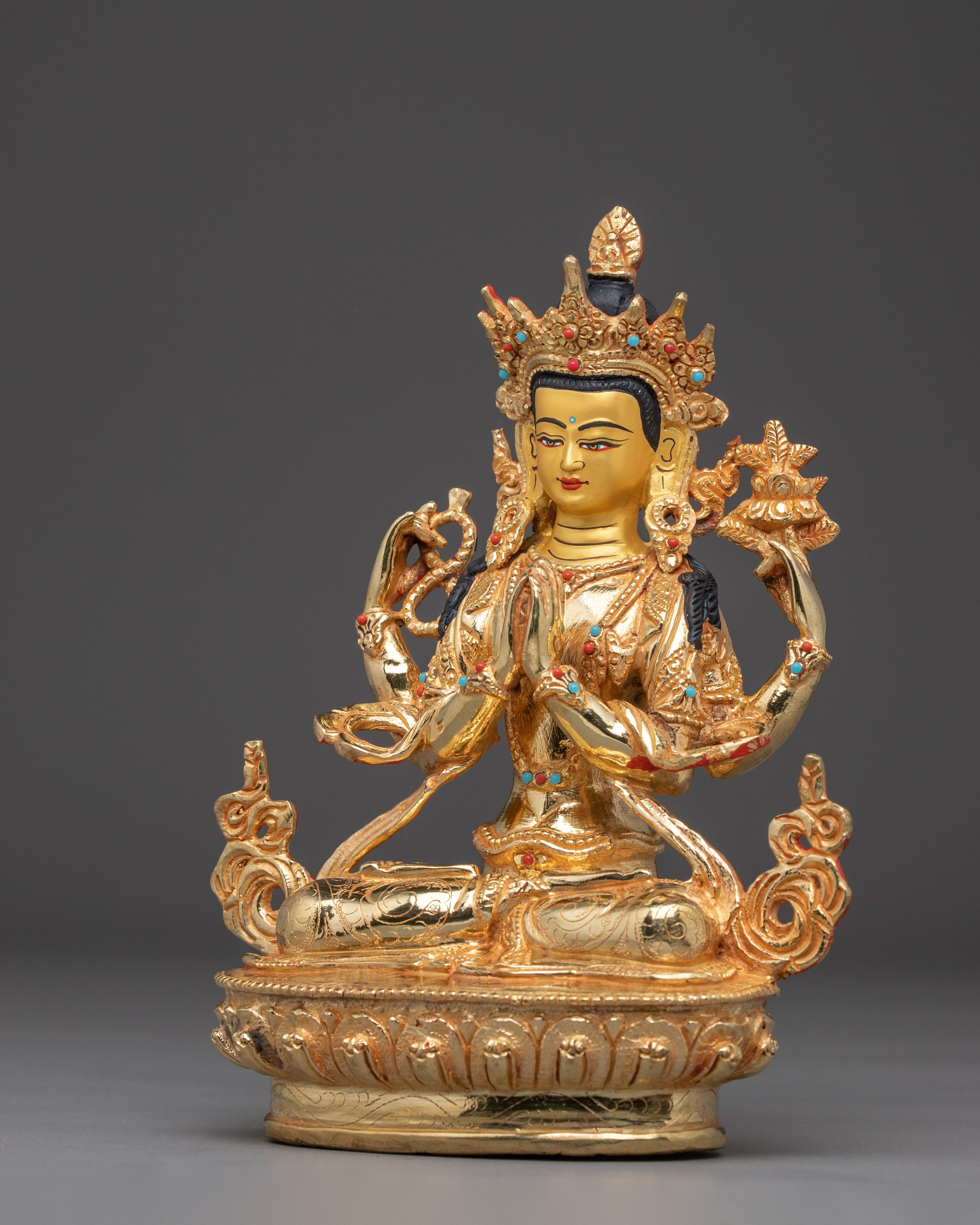 Four Armed Chenrezig Art with Copper Body | Tibetan Buddha of Compassion