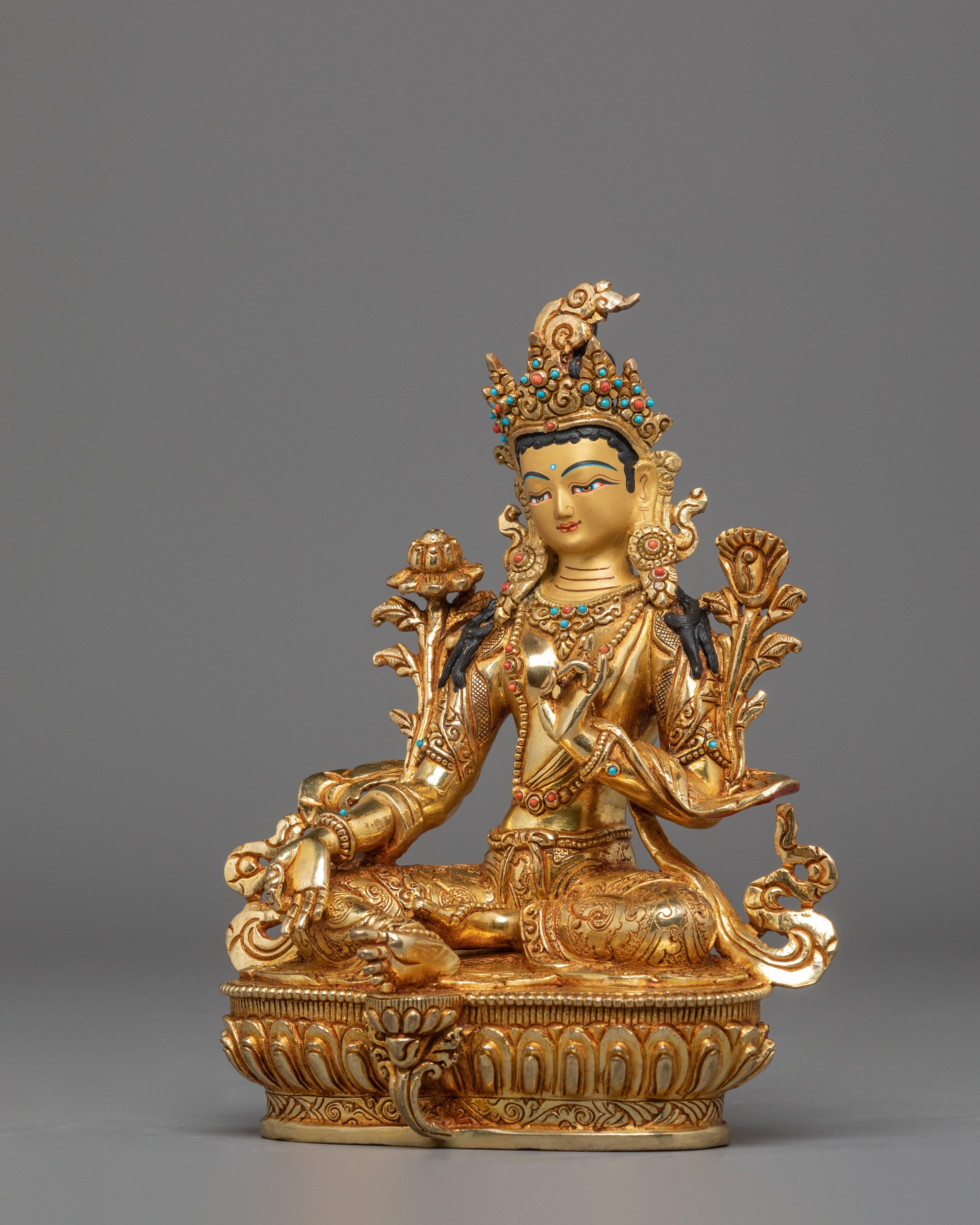 Mother Shyama Tara Sacred Statue | Gold Plated Copper Sculpture with Coral & Turquoise