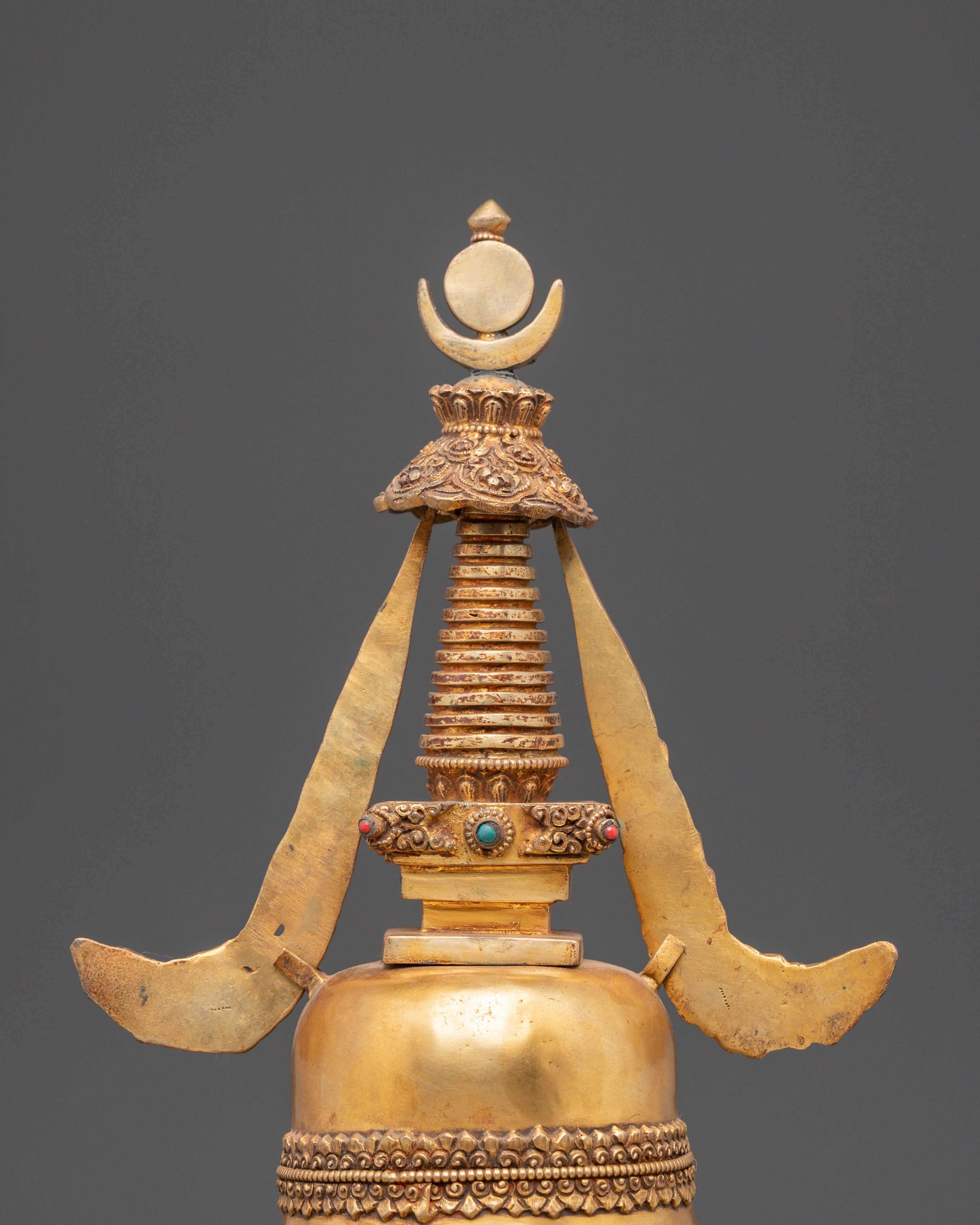 Sacred Buddhist Stupa Monument | Gold Plated Copper with Turquoise Inlay