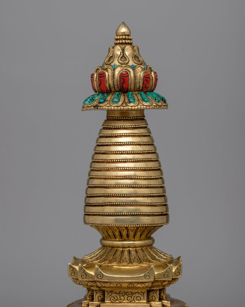 24K Gold-Gilded Buddhist Stupa | Spiritual Décor with Semi-Precious Stones