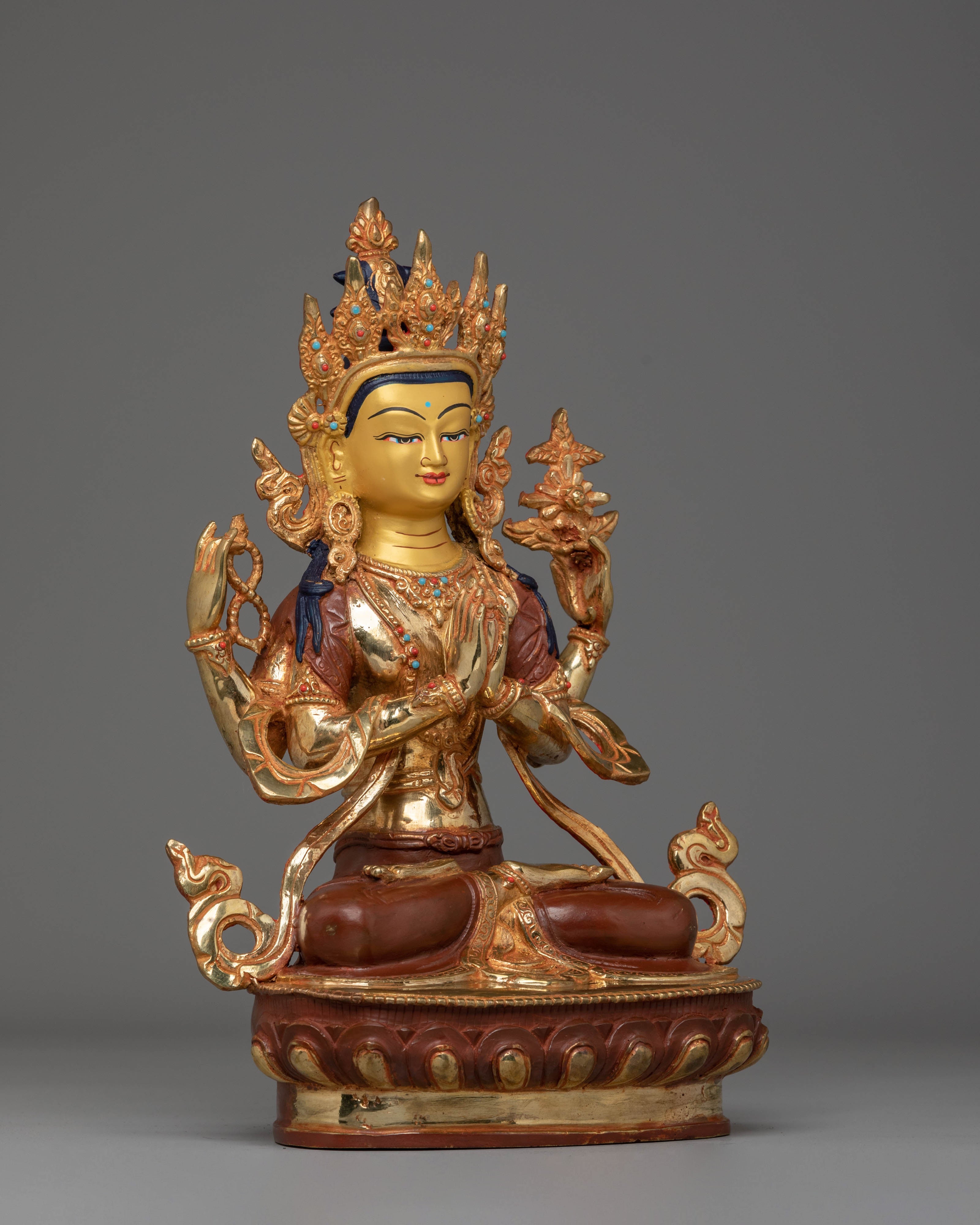 Handcrafted Tibetan Chenrezig Sculpture | Gold-Plated with Coral & Turquoise
