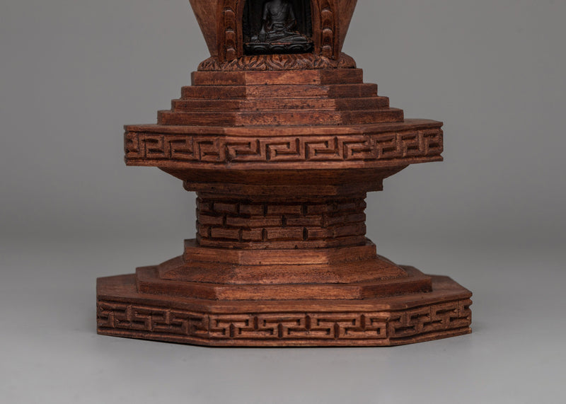 Wooden Stupa with Shakyamuni Buddha | Handcrafted Wooden Carved Artifact From Nepal | Spiritual Home Decor