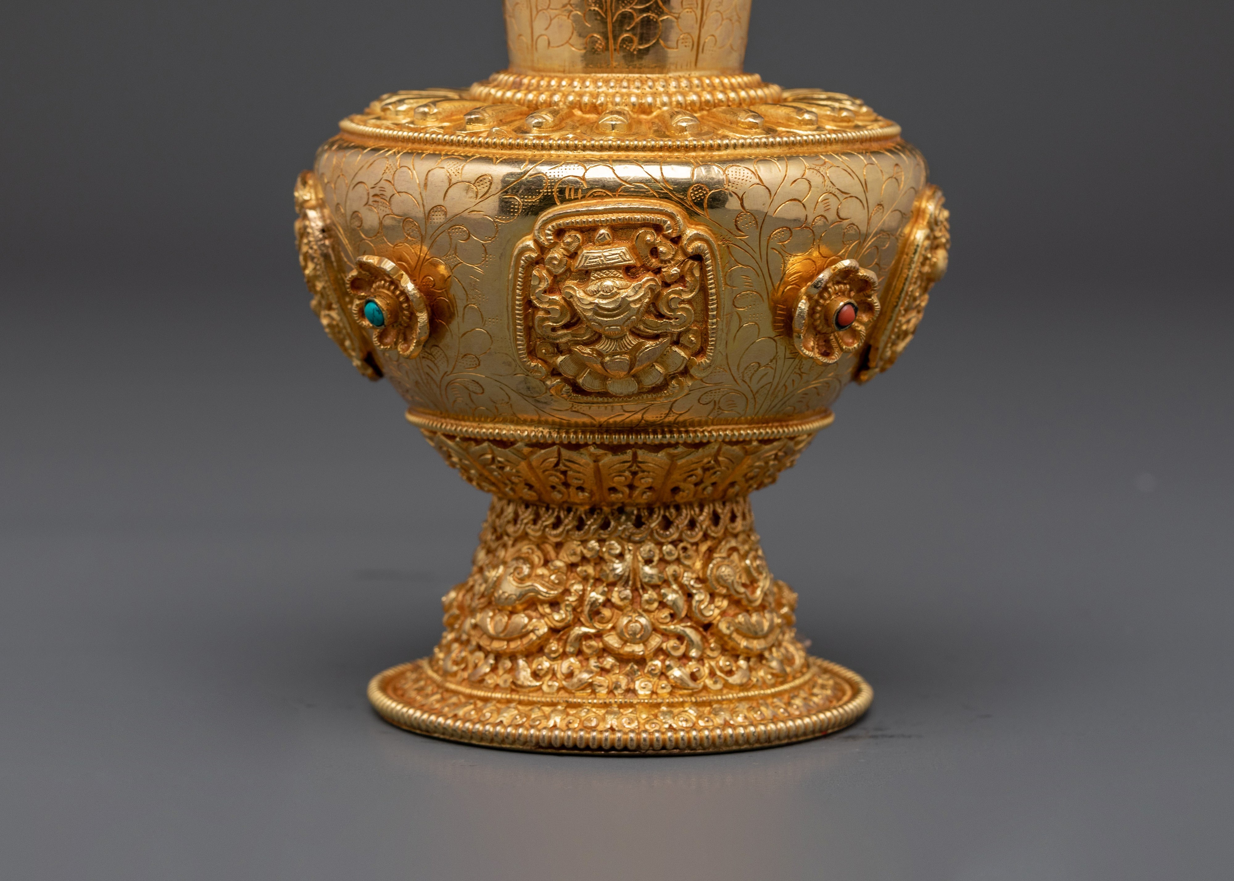 Handcrafted Copper Vase | Tibetan Vase with Coral & Turquoise for Altar