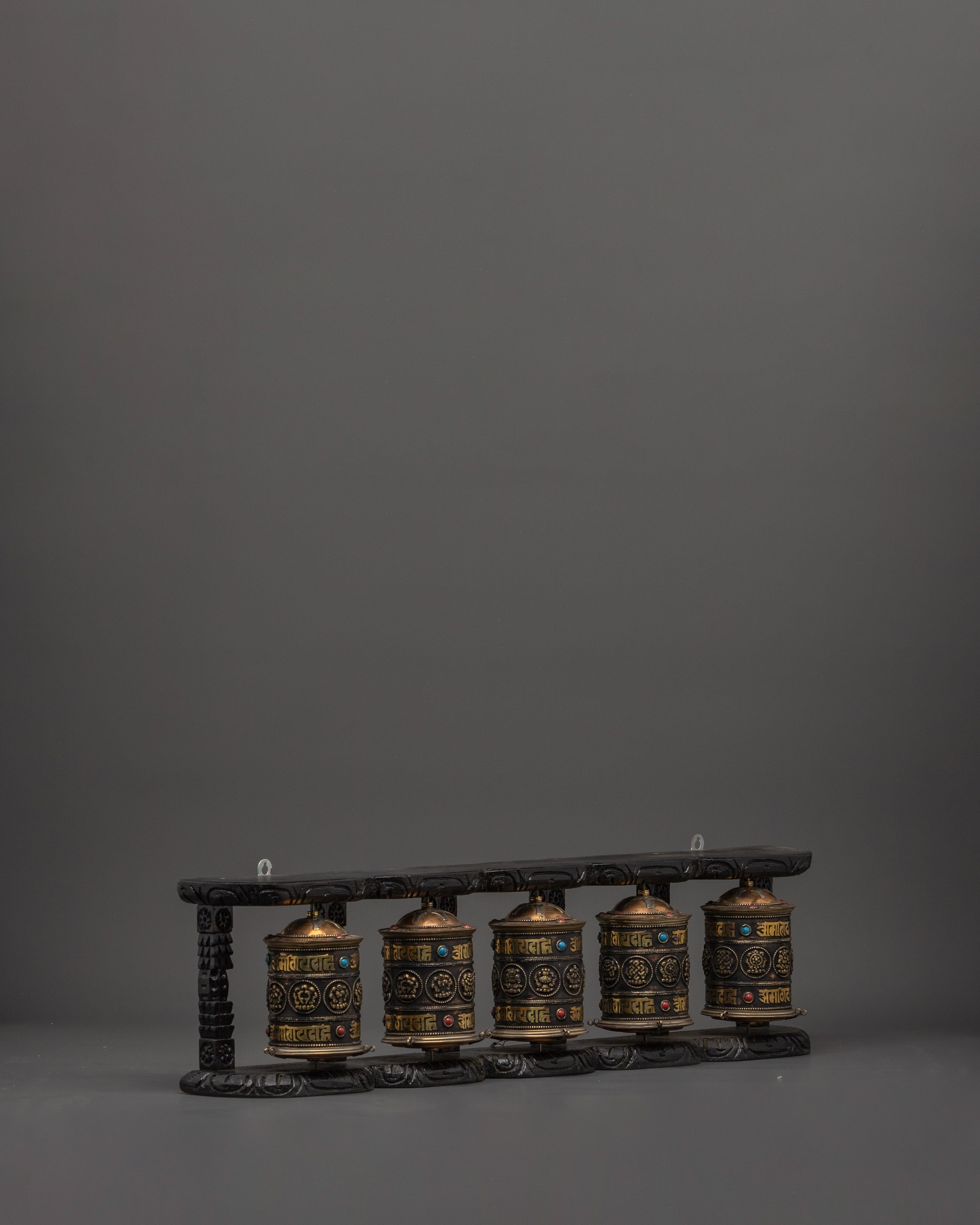 Five Tibetan Prayer Wheels on a Wooden Frame | Mantra Spinners