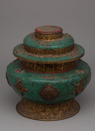 Handmade Tibetan Rice Pot | Dhupur Ritual Artifact with Turquoise Stone Details