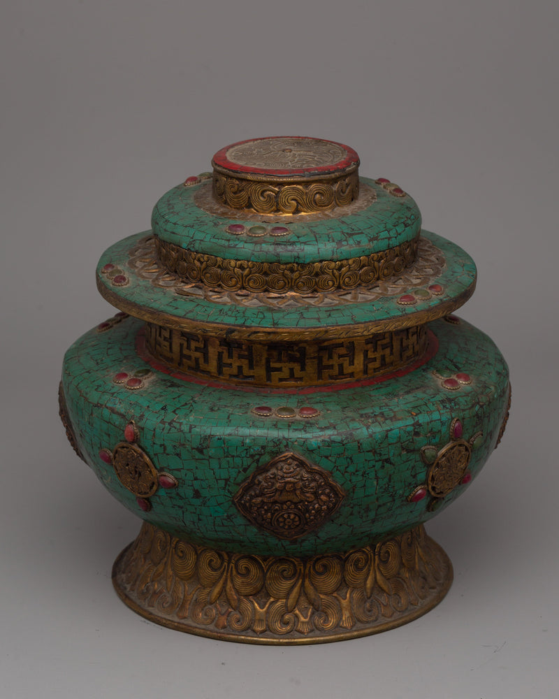 Handmade Tibetan Rice Pot | Dhupur Ritual Artifact with Turquoise Stone Details