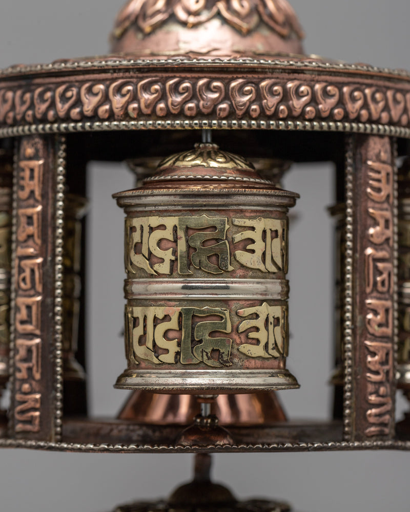 Sacred Buddhist Prayer Wheel | Copper & Brass Multi-Barrel Mani