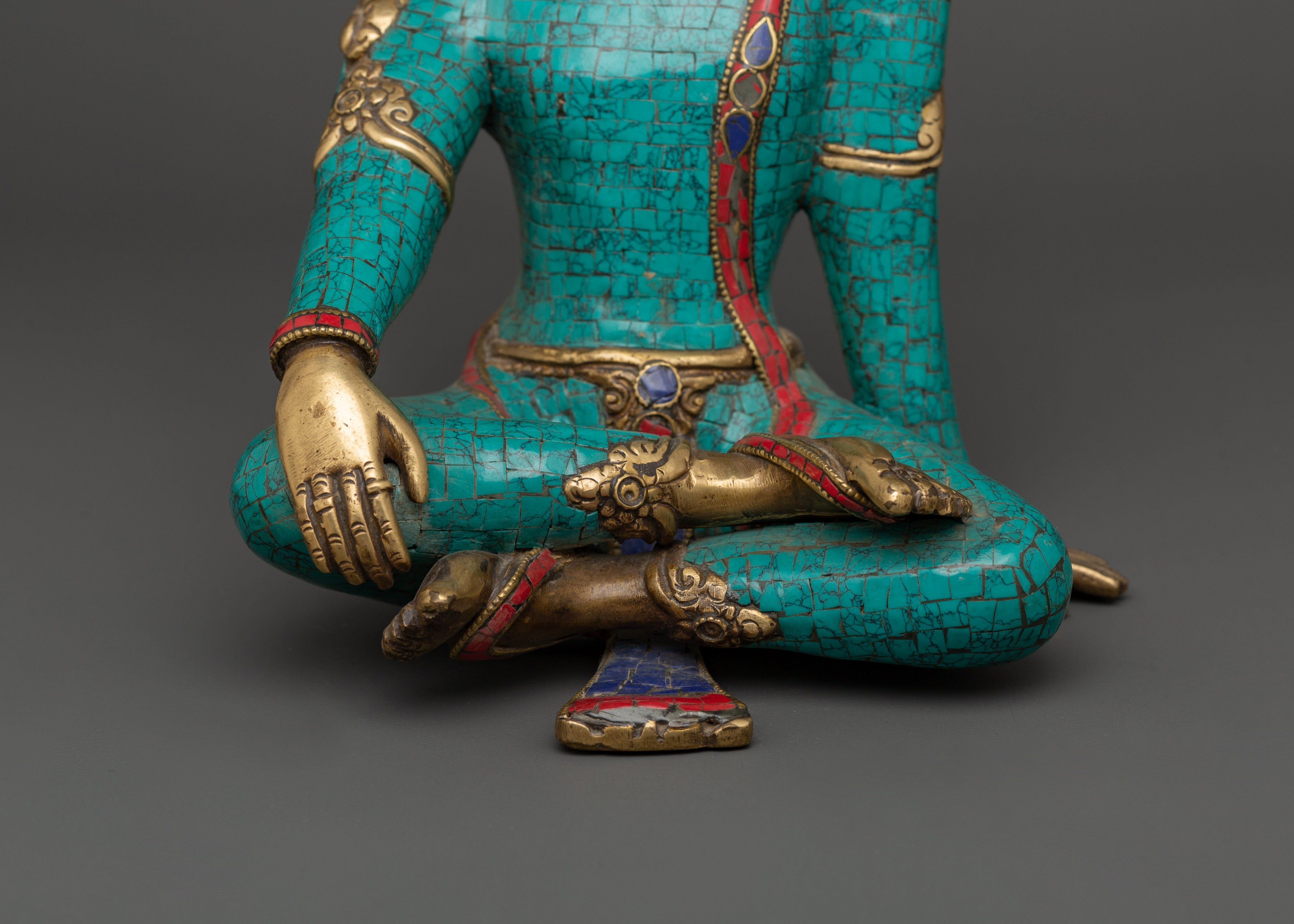 Lokeshwor Bodhisattva Statue | Brass Figurine with Turquoise & Coral Inlay