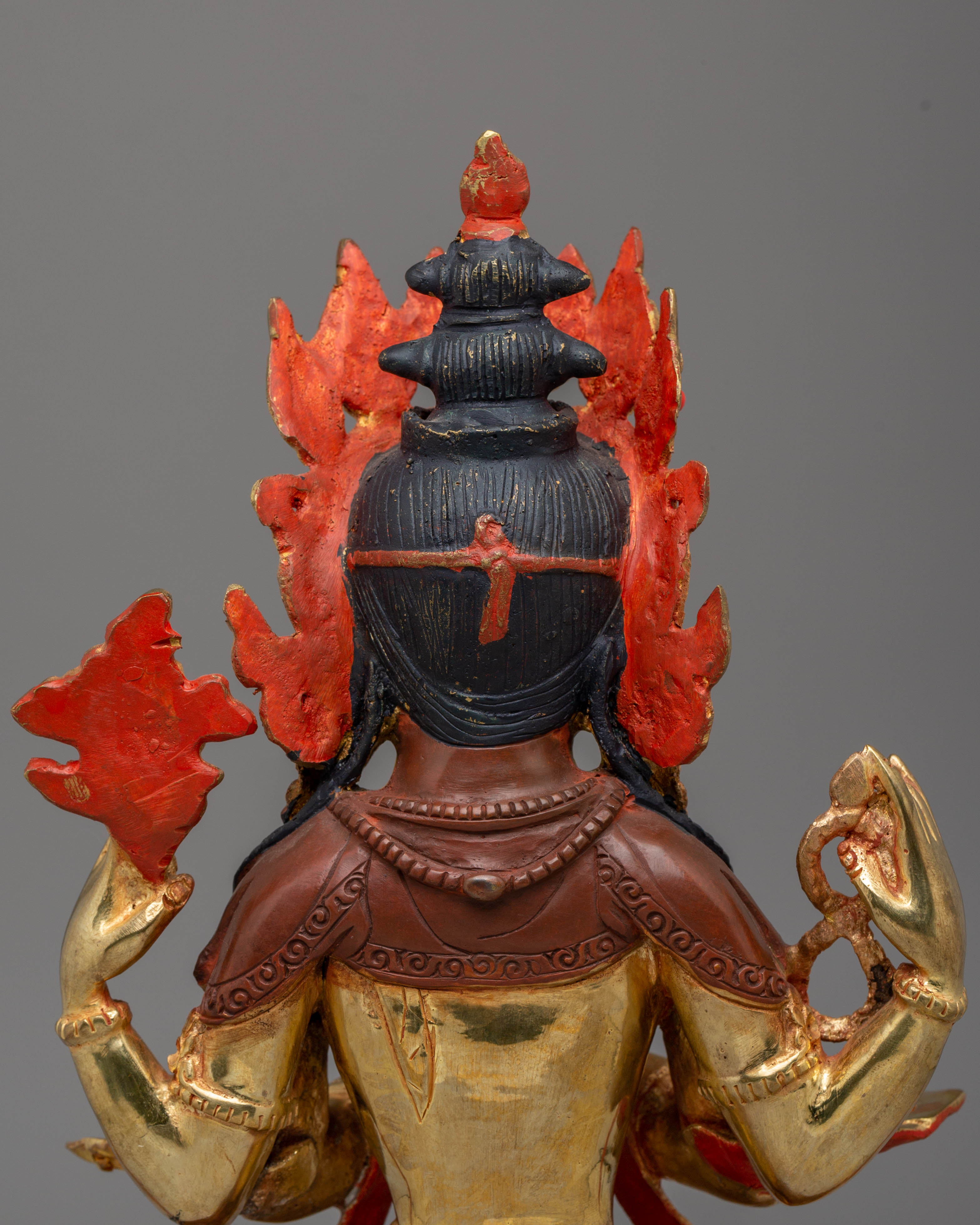 Sacred Bodhisattva Chenrezig Statue | Copper, Gold-Plated, Coral & Turquoise Inlays