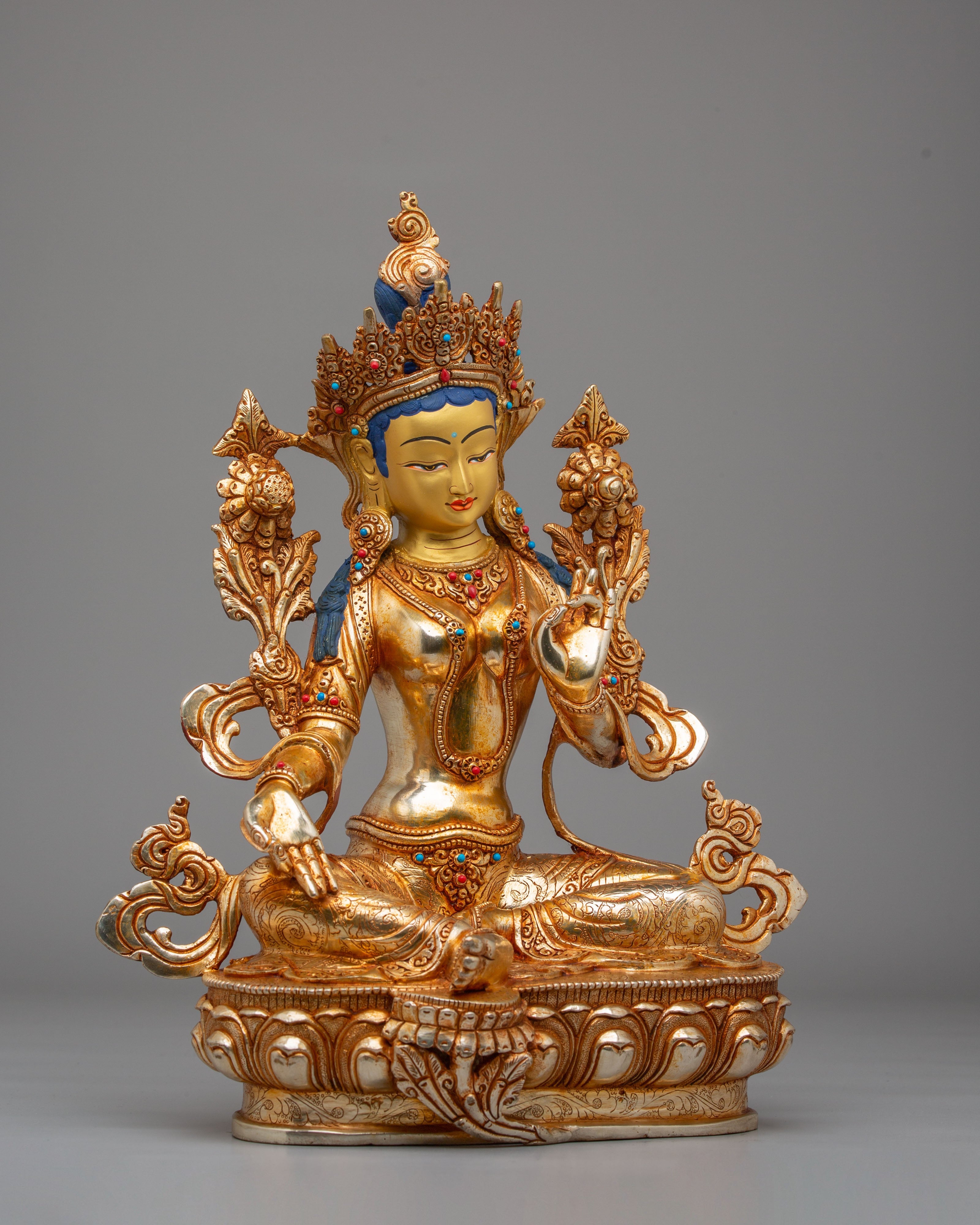 Handcrafted Green Tara Altar Sculpture | 24K Gold Plated Copper Statue