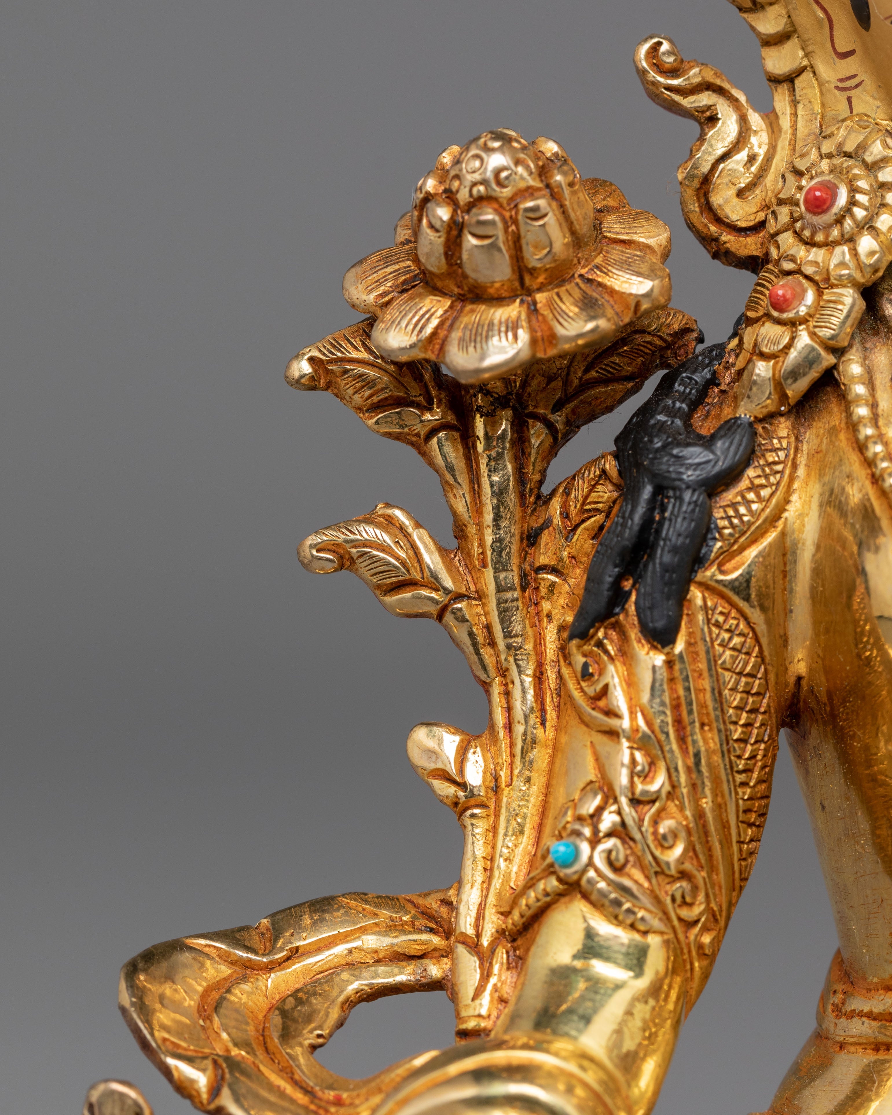 Statue of Sita Tara | Gold Plated Copper Sculpture with Coral and Turquoise