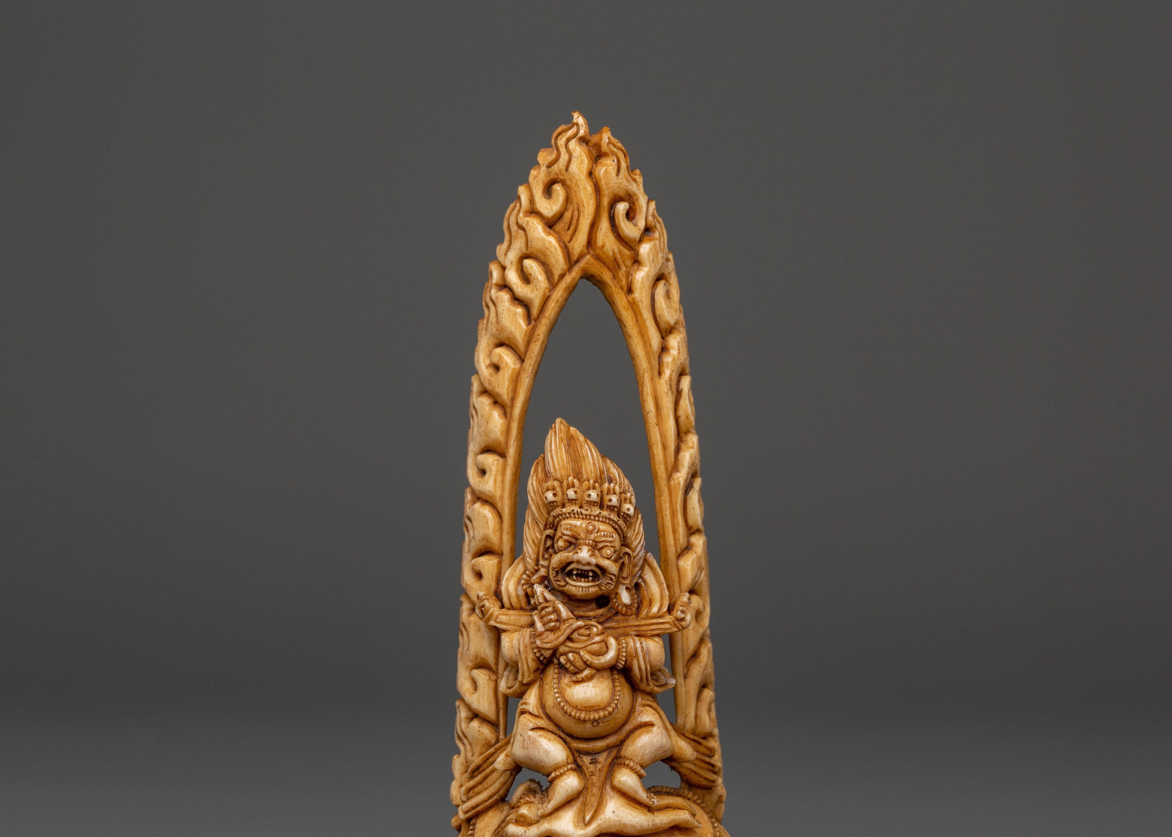 Wrathful Deity Bone Carving | Handcrafted Yak Bone Guardian Statue
