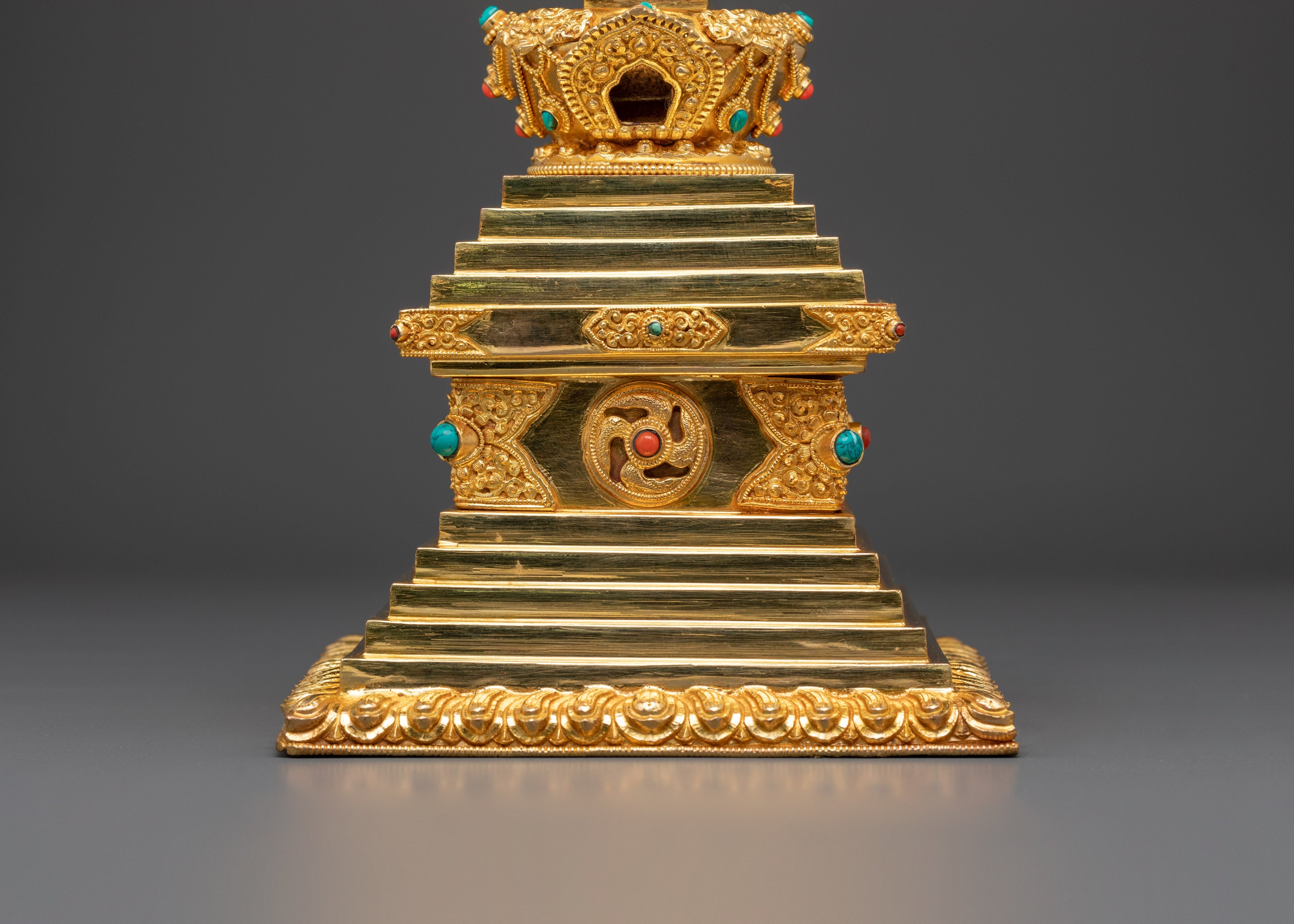 Gold Plated Buddhist Stupa for Rituals | Tibetan Copper Shrine