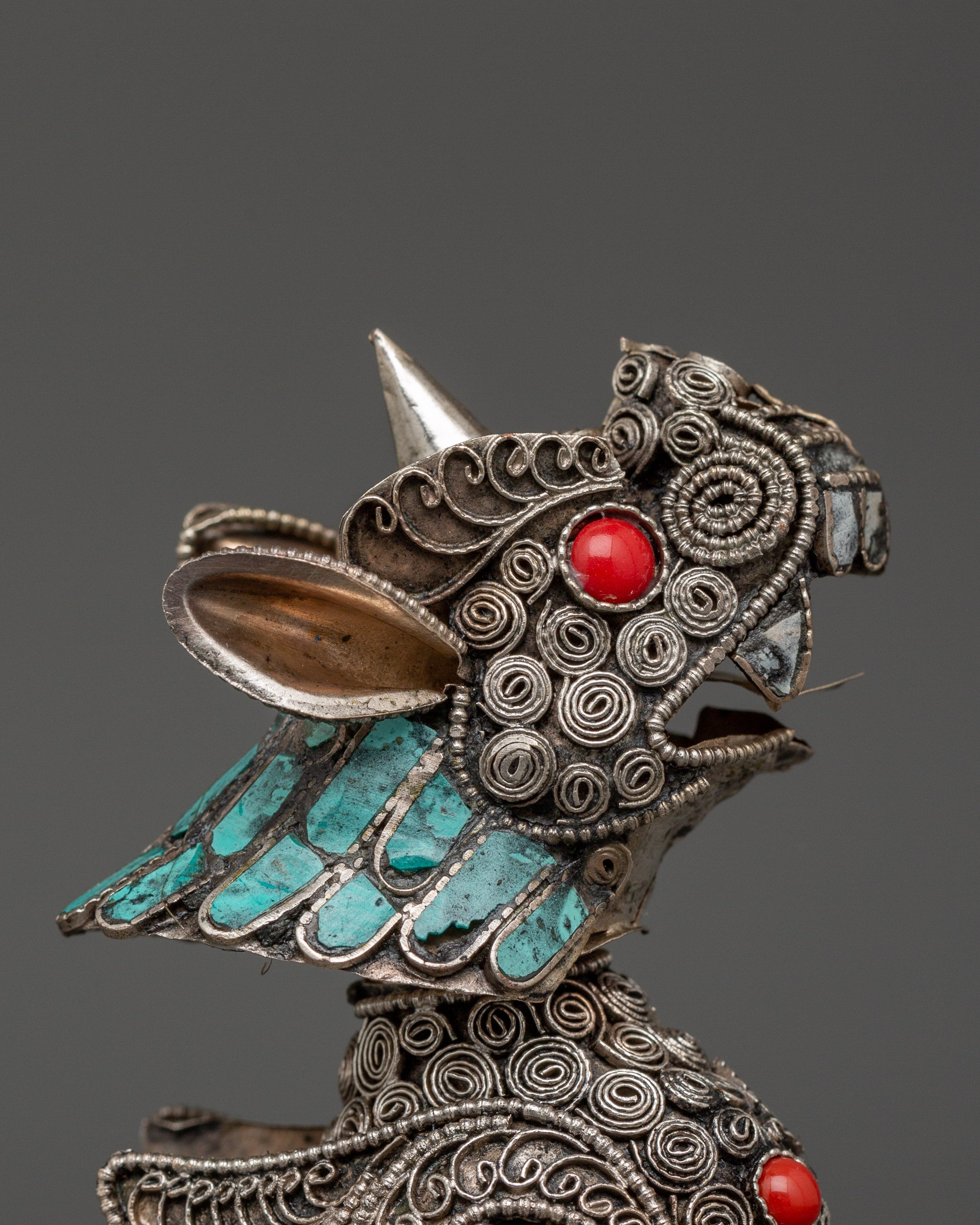 White Metal Guardian Lion Statue Set | With Coral, Turquoise & Lapis Lazuli Stones