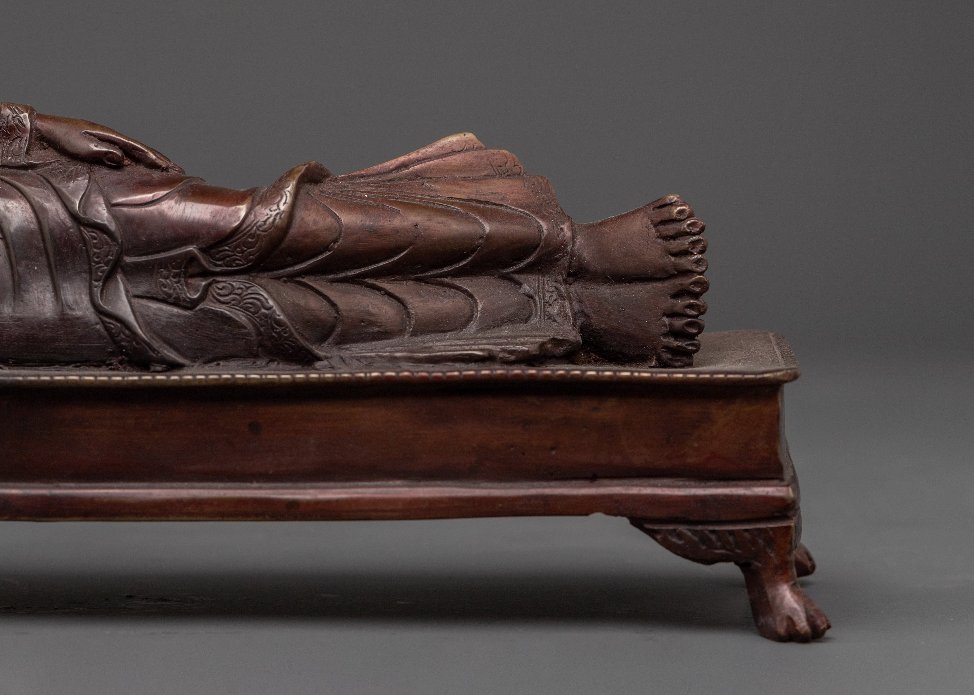Historical Sleeping Buddha Statue | Handcrafted Oxidized Copper Reclining Buddha Figurine